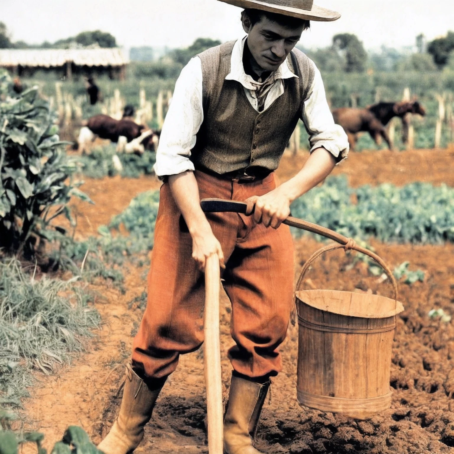 There is a young man with a hat and cane in a field, photo from the 1850s of a farmer, jardinagem, agricultor, Agricultor Japanesse, using a spade, colorido 1 9 0 4 foto, Album art, colorido, cavalheiro, agricultor alto, fotografia colorida, colorido, historical image, historic photo, Cultivador, Foto de capa