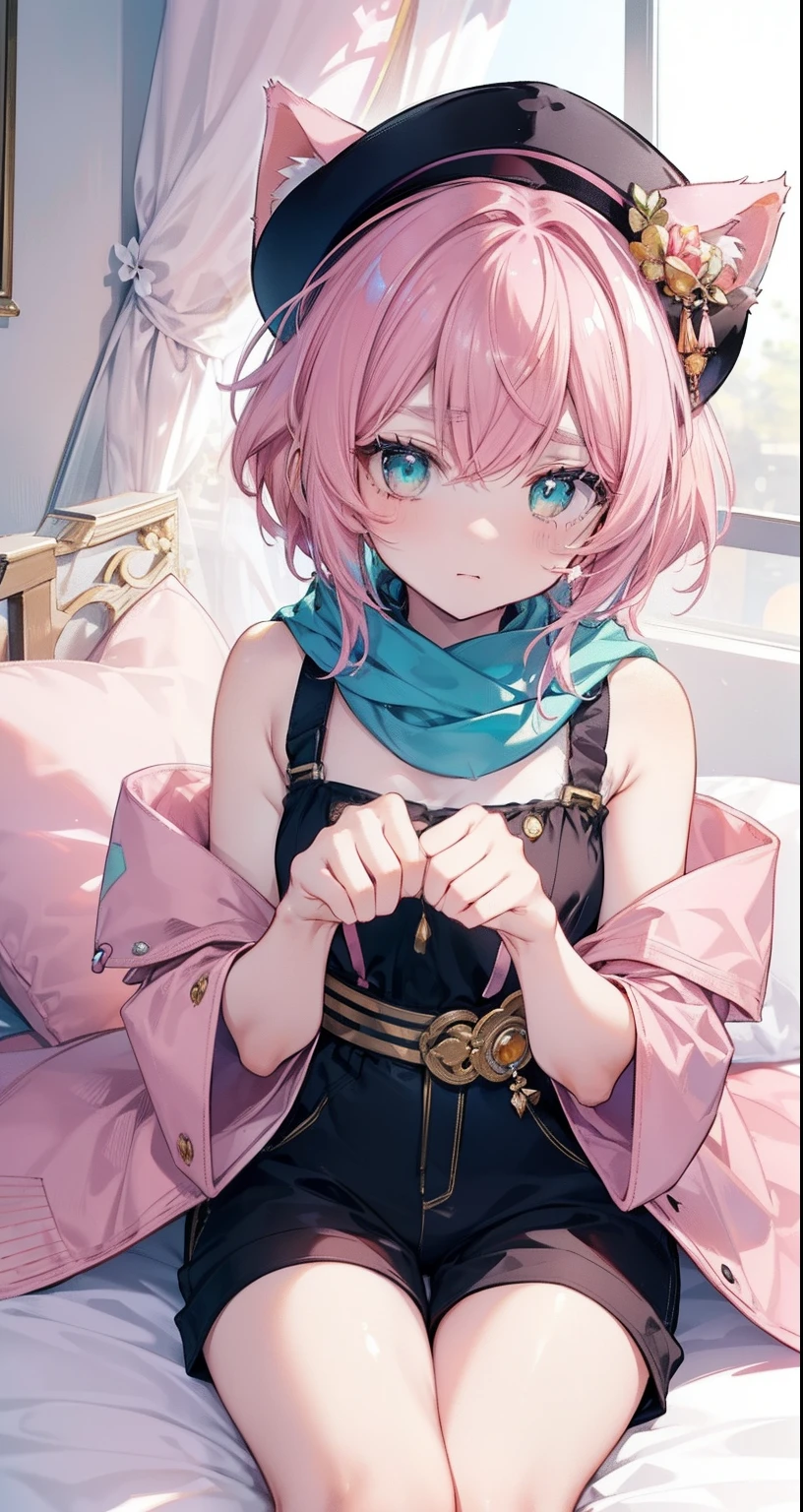 masterpiece, best quality, hands down, top view, looking into the camera, sitting on the bed, intimate face, visible half of the body floor, ((4k quality)), ((an adult girl)), short girl, genshin impact, ((Diona's clothes)) fair skin, (((short pink hair))), ((pink hair)) cat ears, turquoise-green eyes, round eyebrows. the color of her ears and tail are calico cats, a large cap of dark indigo color, shorts of dark color, golden ornaments in the form of paws, a pale pink sleeveless shirt with an orange-yellow scarf, pale pink sleeves, white gloves with light pink patterns in the form of paws on the undersid