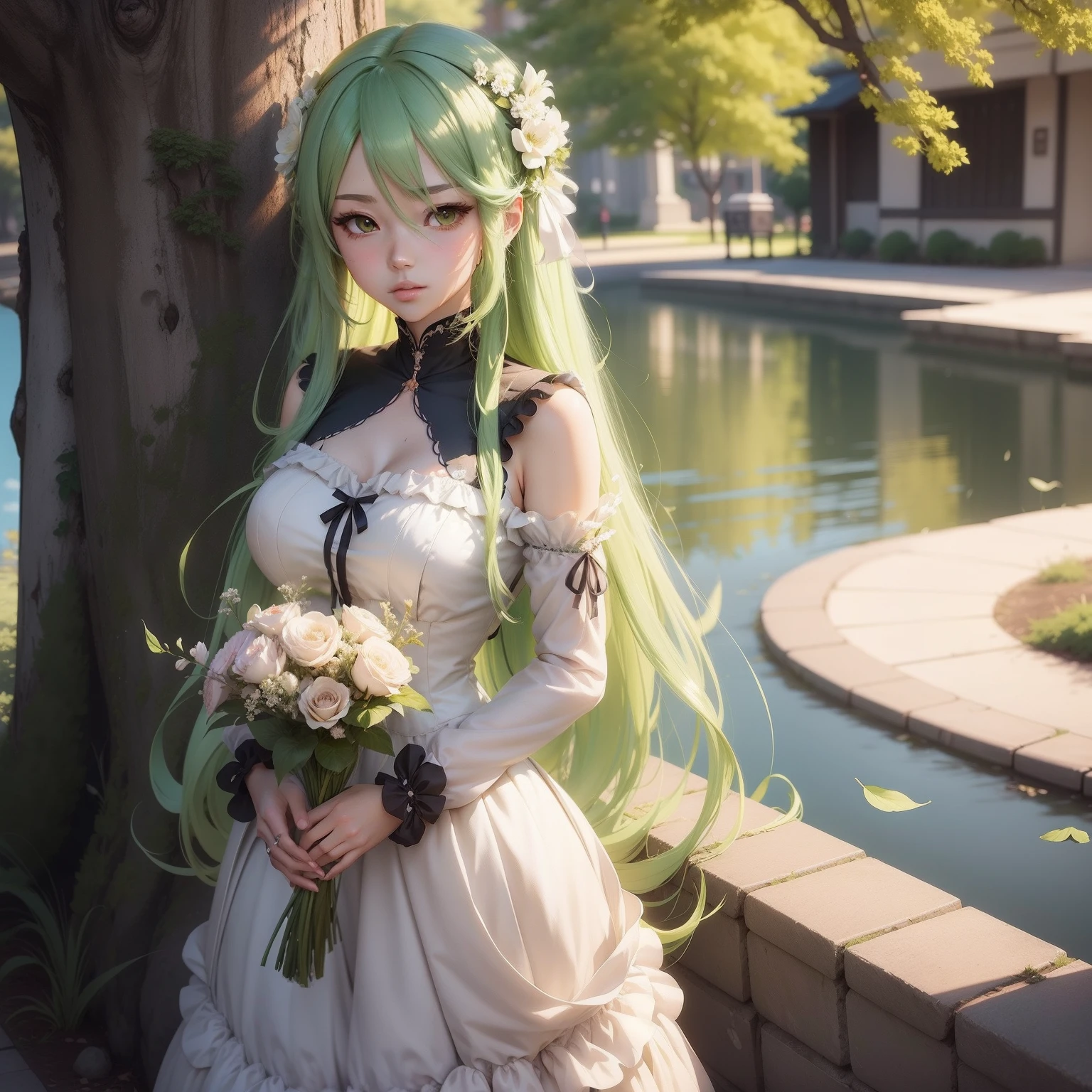 anime girl with long green hair holding flowers in front of a tree, beautiful anime girl, beautiful anime artwork, anime art wallpaper 4 k, anime art wallpaper 4k, anime art wallpaper 8 k, anime style 4 k, beautiful anime art, beautiful anime, beautiful anime portrait, guweiz on pixiv artstation, cute anime waifu in a nice dress