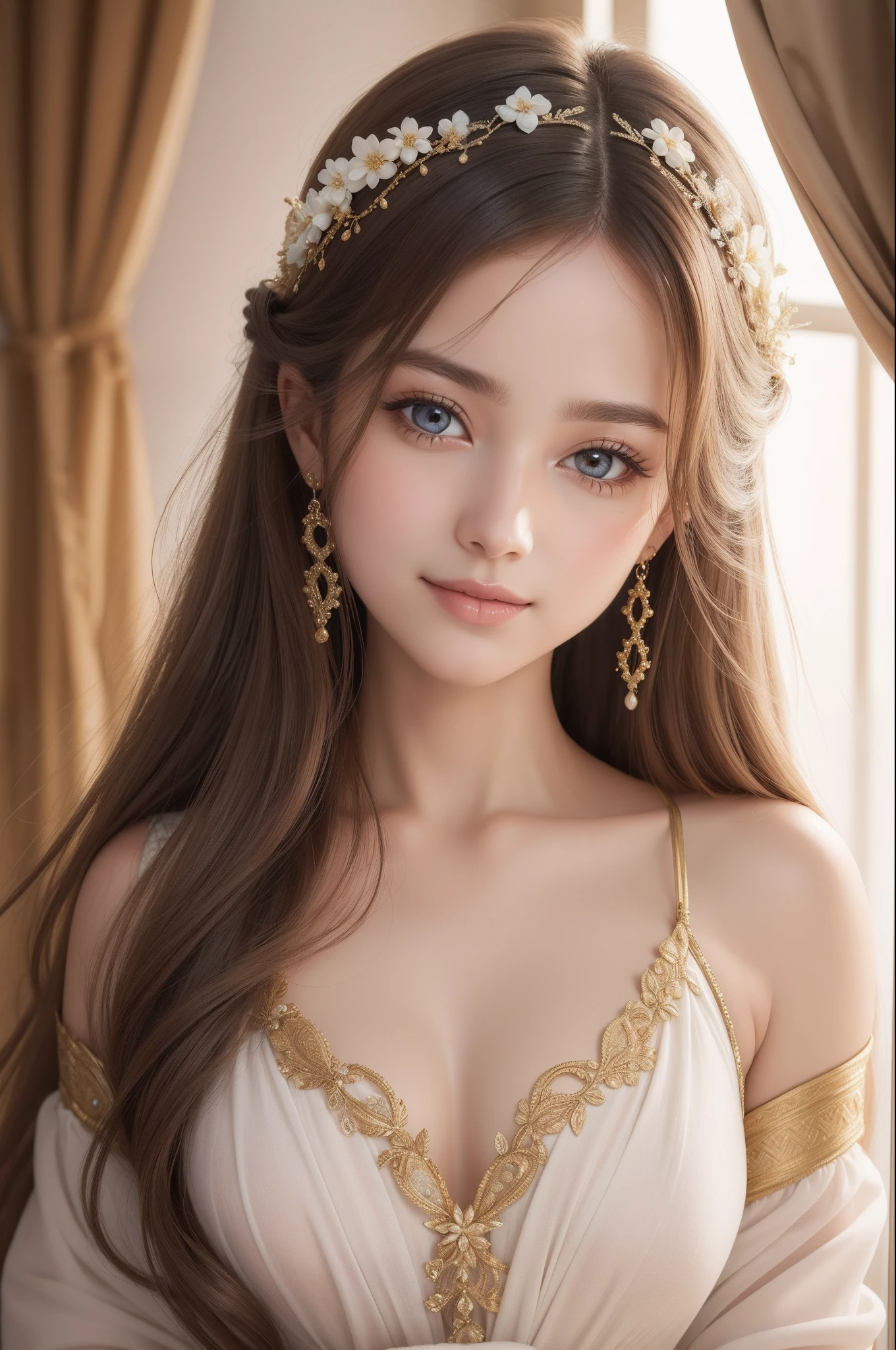 Absurd, ultra-detailed, high quality, masterpiece, detailed face, beautiful eyes(detailed eyes), Greek mythology Goddess, Hestia, goddess of the hearth and home, gentle and graceful, face exudes warmth and kindness, eyes described as soft and comforting, hold a gentle and steady gaze, Golden hair color, falls in gentle waves, hair is adorned with simple floral accents, the overall appearance is simple and modest, The fabric of her garments is usually depicted as soft and earth-toned, beauty lies not in extravagant adornments, Her smile is serene and welcoming, small breasts