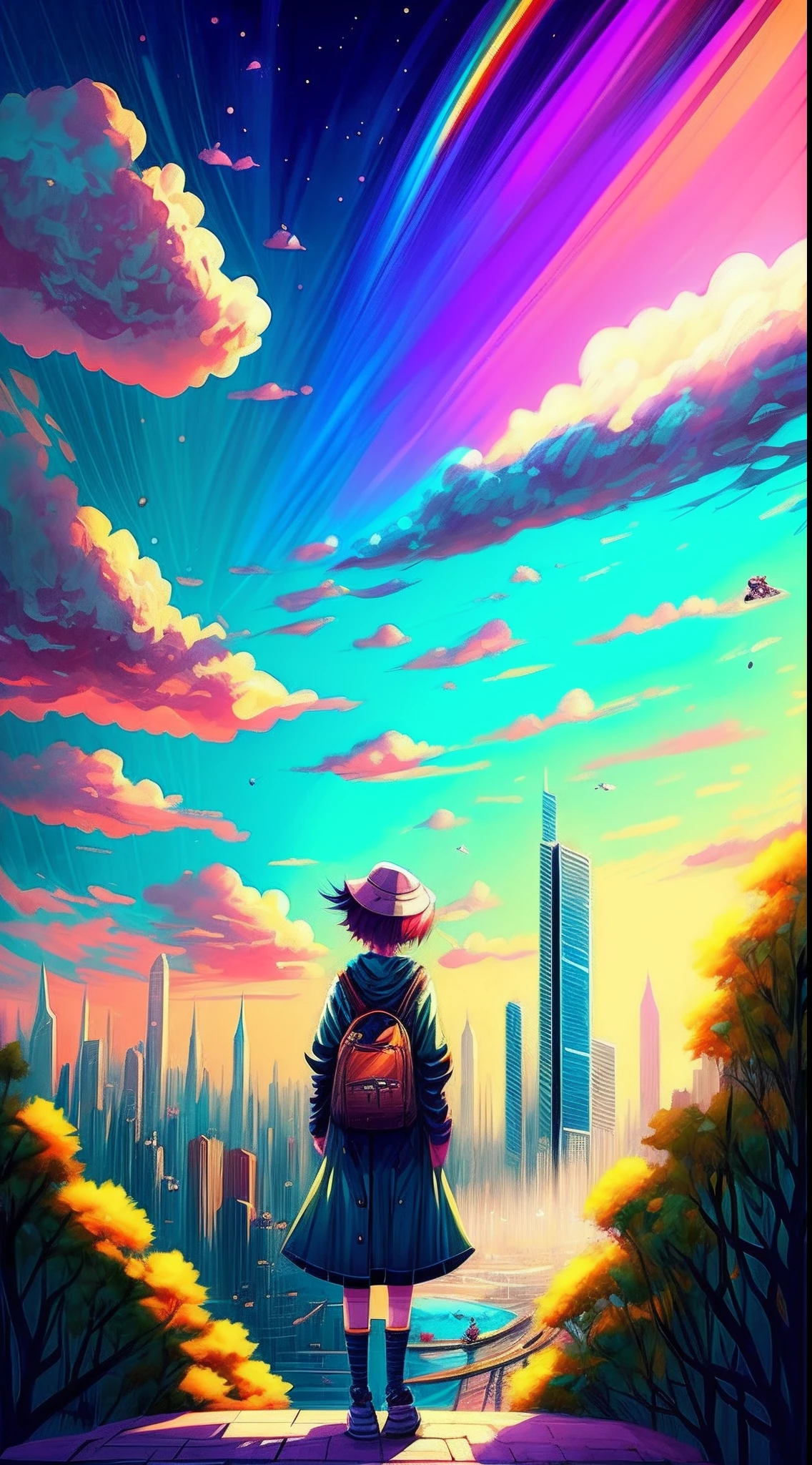 ((Rainbow Daytime Sky))、Anime girl looking at big city landscape,Near Future City、 makoto shinkai cyril rolando, anime art wallpaper 4k, anime art wallpaper 4k, Anime art wallpaper 8k, inspired by Cyril Rolando, in the style dan mumford artwork, amazing wallpapers, by Yuumei