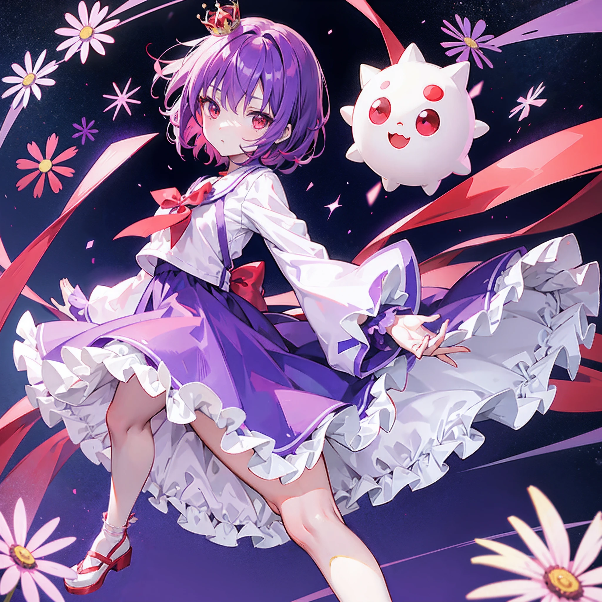 anime girl,short purple hair,red eyes,white shoes with purple,red eyes,long purple dress with  star designs,a crown made of daisys