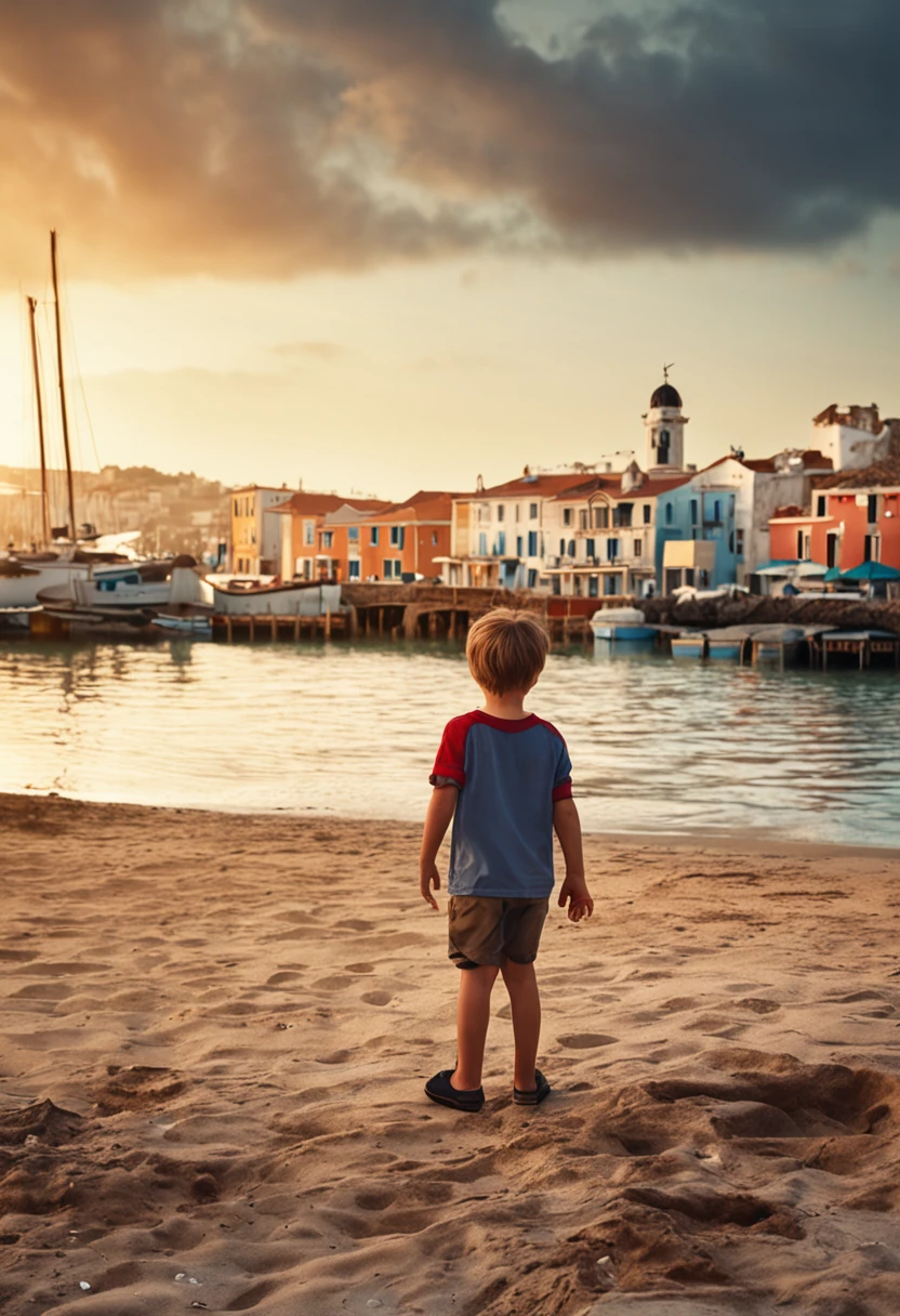 An 8-year-old European boy in a seaside town, early morning, sea, fishermen, boats, palm trees, lighthouse, seagulls, breeze, summer, morning, sunny, clouds, calm,