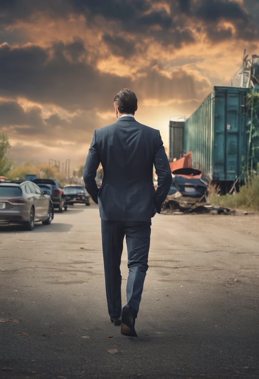 seen from behind, full body visible, a young executive man, handsome face, trying to wear a suit, not looking at the viewer, dignified, medium build, black shoes, a suit of trousers,