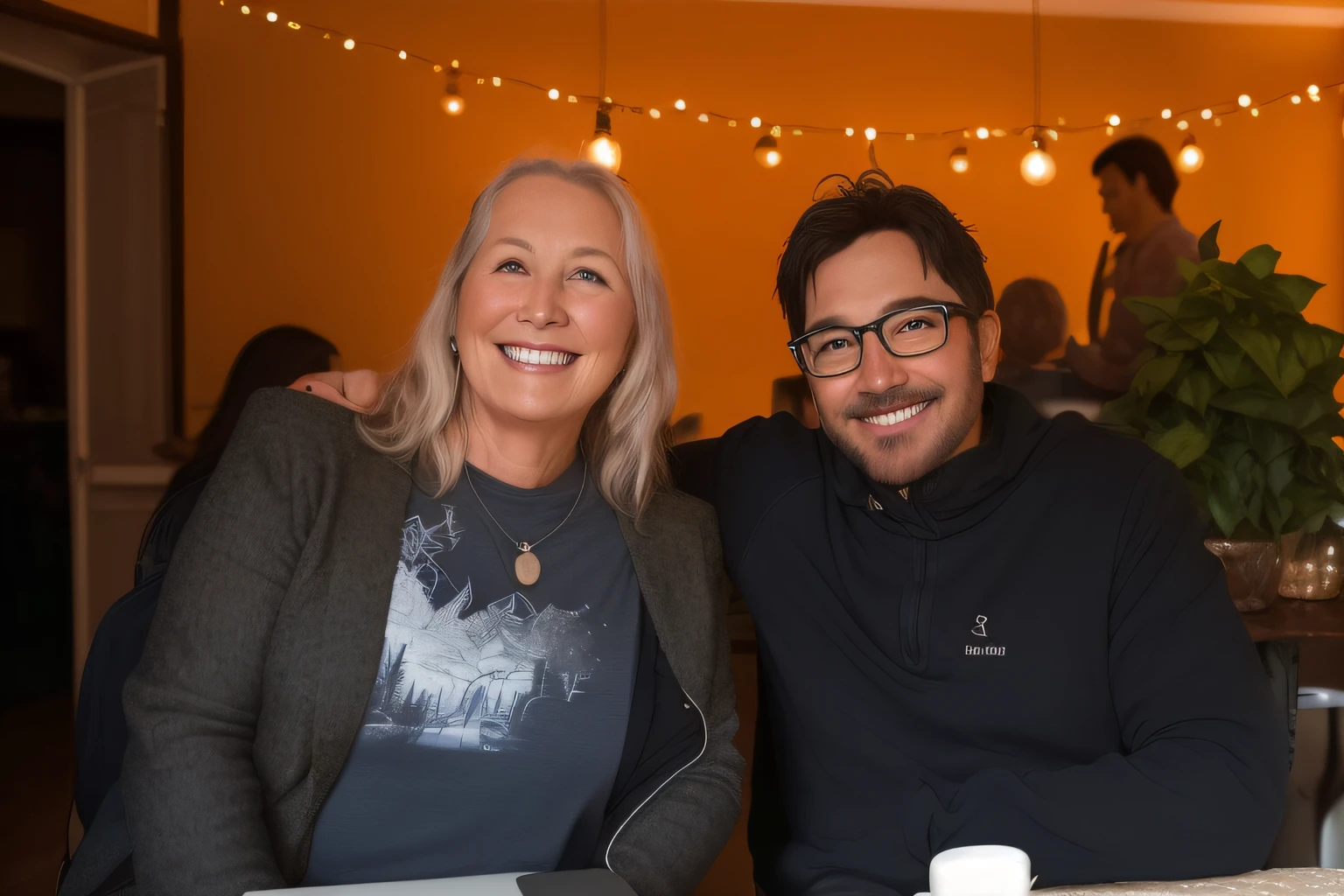 smiling couple sitting at table with laptops in front of them, beautiful surroundings, non blurry, candid shot, by Else Alfelt, profile pic, yummy, by Lee Loughridge, photo taken in 2 0 2 0, happy couple, very close shot, stacked image, sandra pelser, photo taken in 2018, very coherent, profile picture, medium details