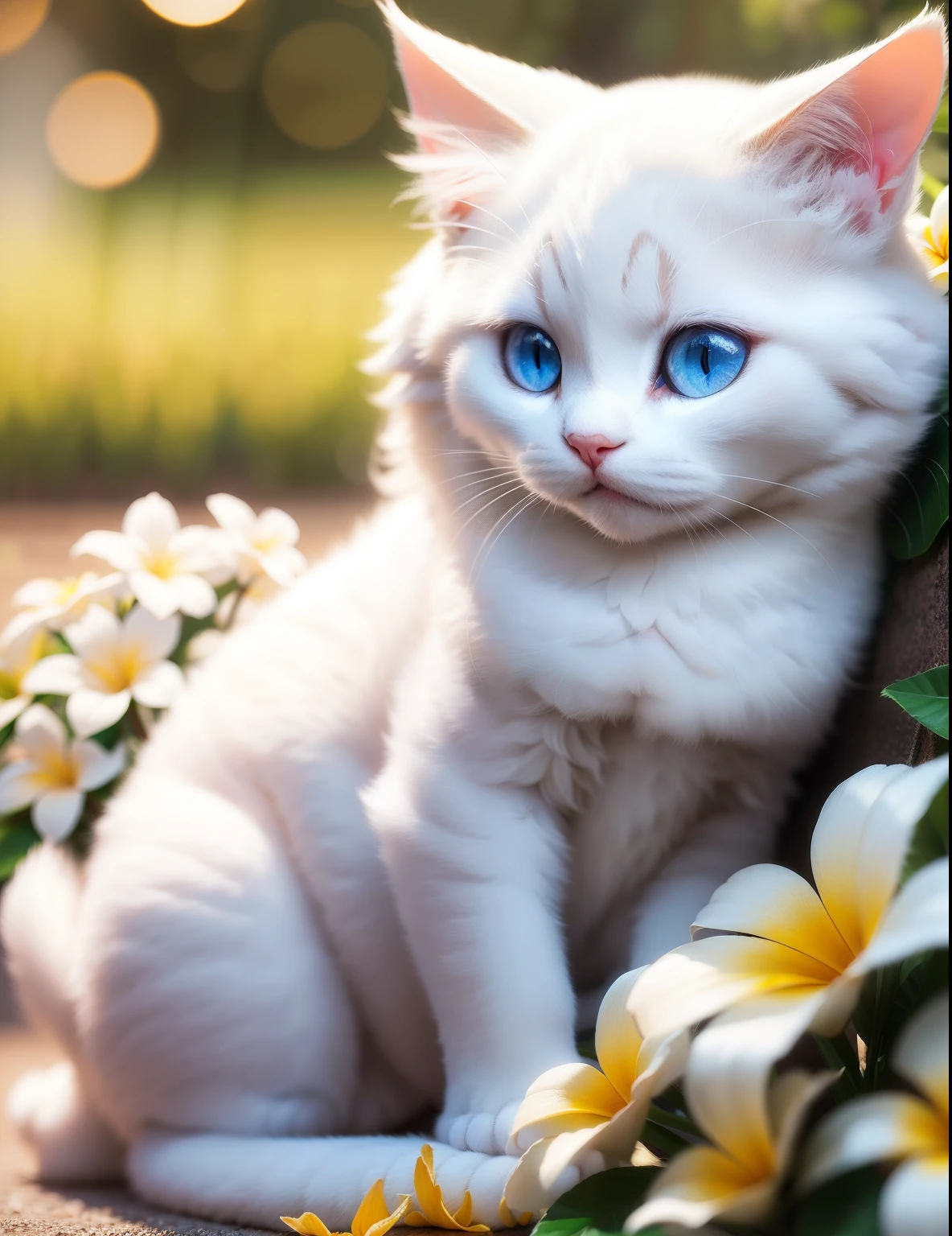 masutepiece, Fluffy white ragdoll kitten sitting next to plumeria flowers, Hyper Detailed, highres photograph, opulent, Bokeh, light bloom,Southland