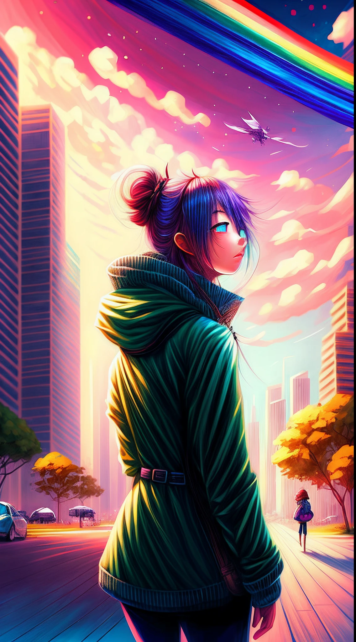 ((Rainbow Daytime Sky))、Anime girl looking at big city landscape,Near Future City、 makoto shinkai cyril rolando, anime art wallpaper 4k, anime art wallpaper 4k, Anime art wallpaper 8k, inspired by Cyril Rolando, in the style dan mumford artwork, amazing wallpapers, by Yuumei