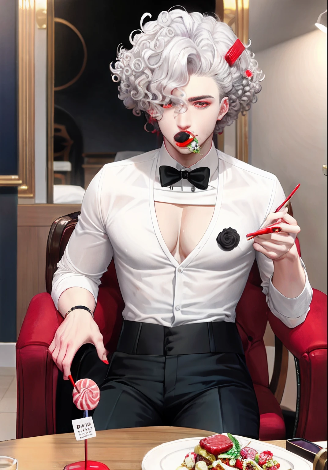 A white curly haired dead fish-eyed, red-eyed, decadent man eating a lollipop