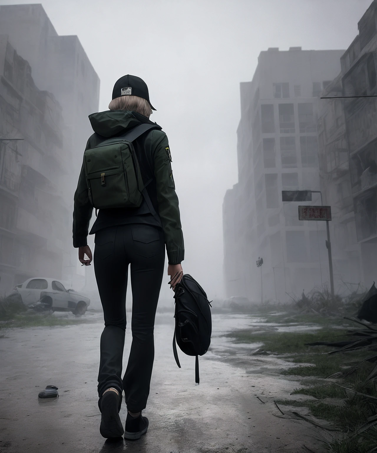 Female 30s, short blonde hair, blue eyes, carrying a Mosin nagant, wearing a black baseball cap, green hunting jacket and black pants, carrying a backpack and walking in a apocalypse city  while it is raining