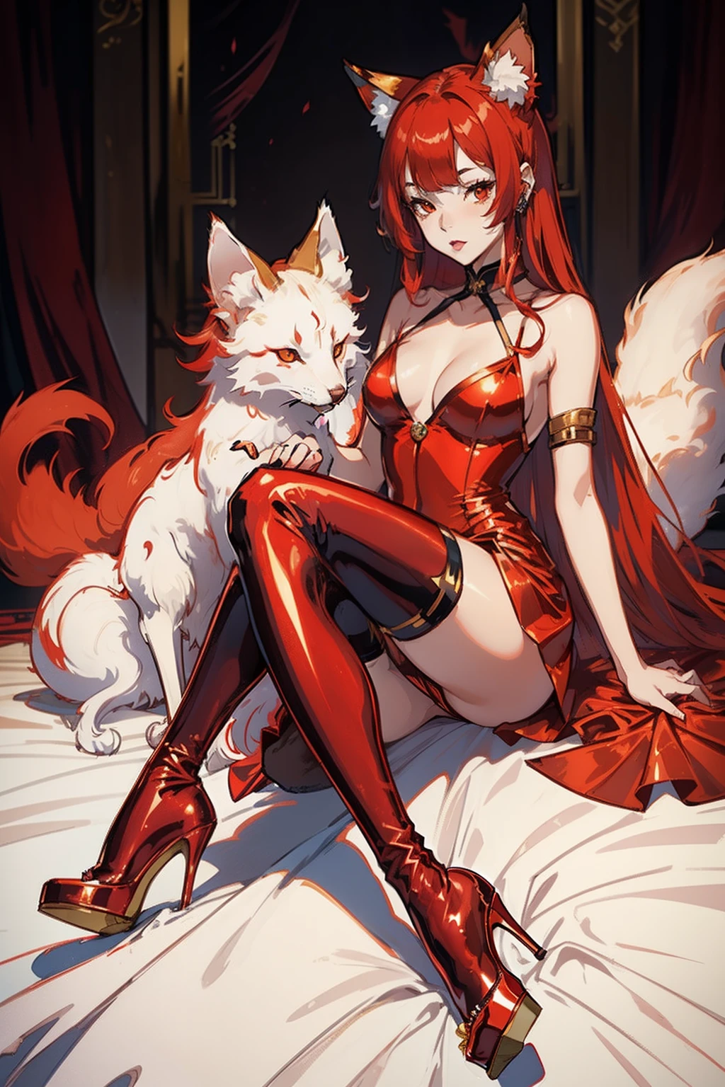 ((half kitsune + half human), (red color shiny hair:1.2), (elegant satin dress:1.1), (fluffy ears:1.1), (gold high heels:1.1), (in part 8k:1.2))