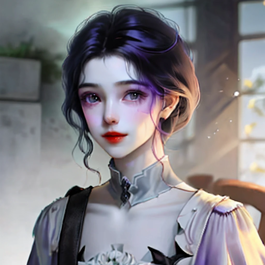 A boy with silky smooth long black hair and purple eyes and pale skin and a soft smile