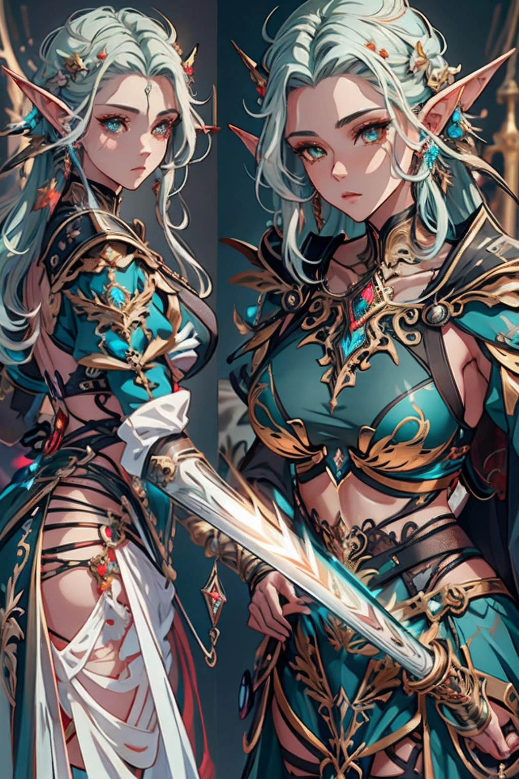 Detalhes altos, best quality, 8k, [ultra detalhado], master part, best quality, (extremamente detalhado), Dynamic angle, tiro ultra largo, fotorrealista, arte de fantasia, arte dnd, Arte de RPG, arte realista, uma grande angular, (((anatomicamente correto)))  Uma imagem de um cavaleiro elfo, Elfo Guerreiro, guerreiro de elite, Pronto para a batalha (Detalhes intensos, master part, best quality: 1.5), Elfo Feminino  (Detalhes intensos, master part, best quality: 1.5), Face Ultra Detalhada, ultra feminino, pele clara, Beleza requintada, cabelos dourados, cabelos longos, cabelos ondulados, Orelhas pontiagudas pequenas, dynamic eye color, wearing heavy Elven LnF armor, metal brilhante, armed with elven sword, espada de fantasia, espada, Standing near a unicorn, Prados verdes, blue sky background and some clouds field background depth (detalhes intrincados, master part, best quality: 1.5), Dynamic angle, (detalhes intrincados, master part, best quality: 1.5), Detalhes altos, best quality, Altas, Ultra Grande Angular