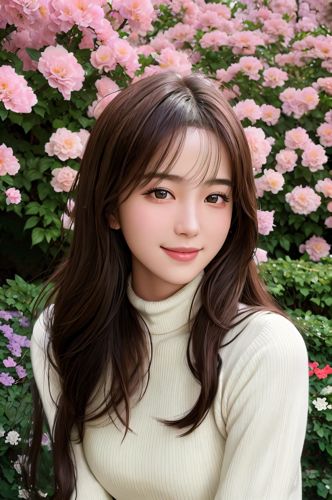 masterpiece,DSLR photo,analog style,nikon d5,real photo,a photo of a beautiful 20 year old woman,dramatic lighting (85mm),with Blooming garden in the background,(detailed facial features),(detailed shiny eyes),dynamic angle,Michelangelo style,long hair,turtleneck sweater,smiling face:1.4,
