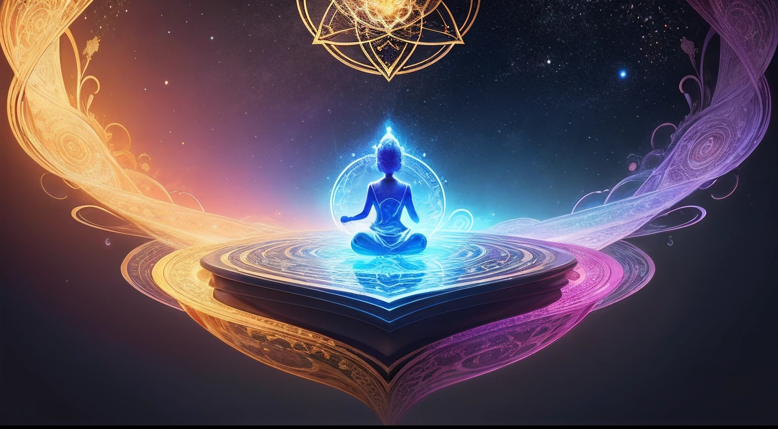Person meditating with yin yang symbol floating above, surrounded by crystals and incense smoke, soft glowing aura, zen garden background, digital painting style