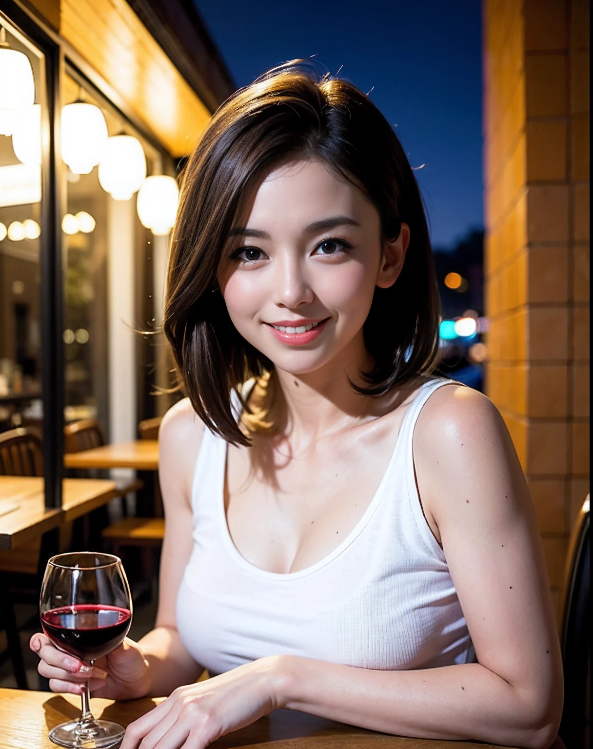 (64K, UHD, top quality, masterpiece: 1.2), (realistic, photorealistic: 1.37), super detailed, pretty woman 1 person, (slim face), (slim body), (brown hair), (short cut), cheeks slightly blushing, (44 years old), 38 years old, solo, beautiful detailed urban night view outside the window, restaurant, wine glasses sit, at night, in a prominent placeNovaFrogStyle, Actress, Model, Waist Up, White Wine, Slim, Wine Glass, Super Clean Night View, Wine Glass Put in the Middle, Happy Smile, (Smile: 1.15), Beautiful Fine Eyes, Upper Body, Bust Japan Up, Night, Short, Short, Actress, Model, Waist Up, White Wine, Slim, Wine Glass, Super Clean Night View, Wine Glass Put in the Middle, Happy Smile,