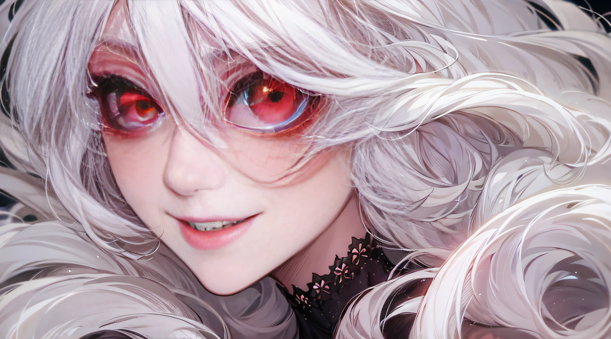 Sick beauty，[[[Wicked laugh]]]，Detailed eye description，pretty eyes，Red eyeballs，long white floating hair ，background inside dark