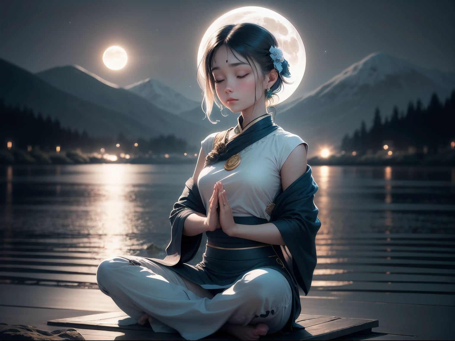 Retrato de pintura digital de uma pessoa com os olhos fechados, Head towards the bright full moon. The moonlight casts a tranquil blue color on the person's calm face, Highlight your inner stillness and Zen expression. The stars twinkle gently in the background night sky. The surrounding countryside is quiet, O lago reflete o luar,People nearby sit quietly in a lotus pose. Your hands are on your knees, The face depicts a deep sense of meditation and calm. The overall mood of the image is soothing, Brilho e centrado, Like the inner peace of the subject radiating outward in the light of meditation. atmospheric style, elegante e relaxante.