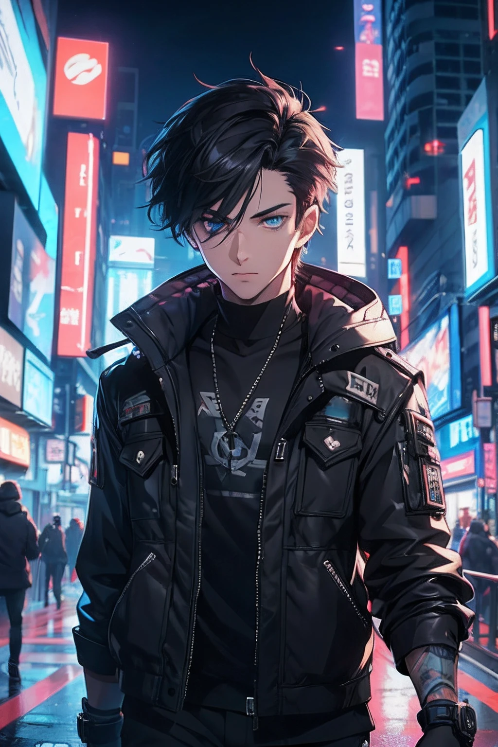 a 20-year-old boy,full bodyesbian、Dark hair, Blue eyes, one male individual, Anime style, Cyberpunk, Illuminated street, high quality picture, 4K, movie, Detailed face, the detailed images