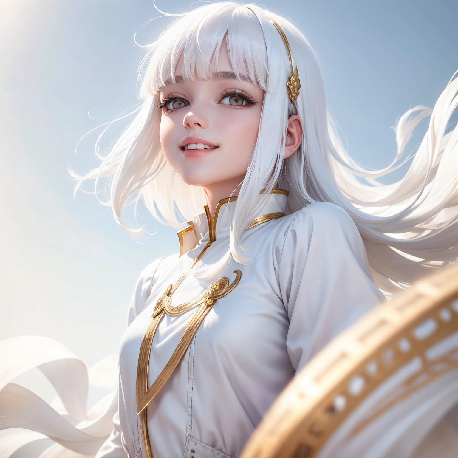 best quality, white hair, gold eyes, white clothes, looking up, upper body, hair strand, Fair skin, smiling, Bangs rise in the wind