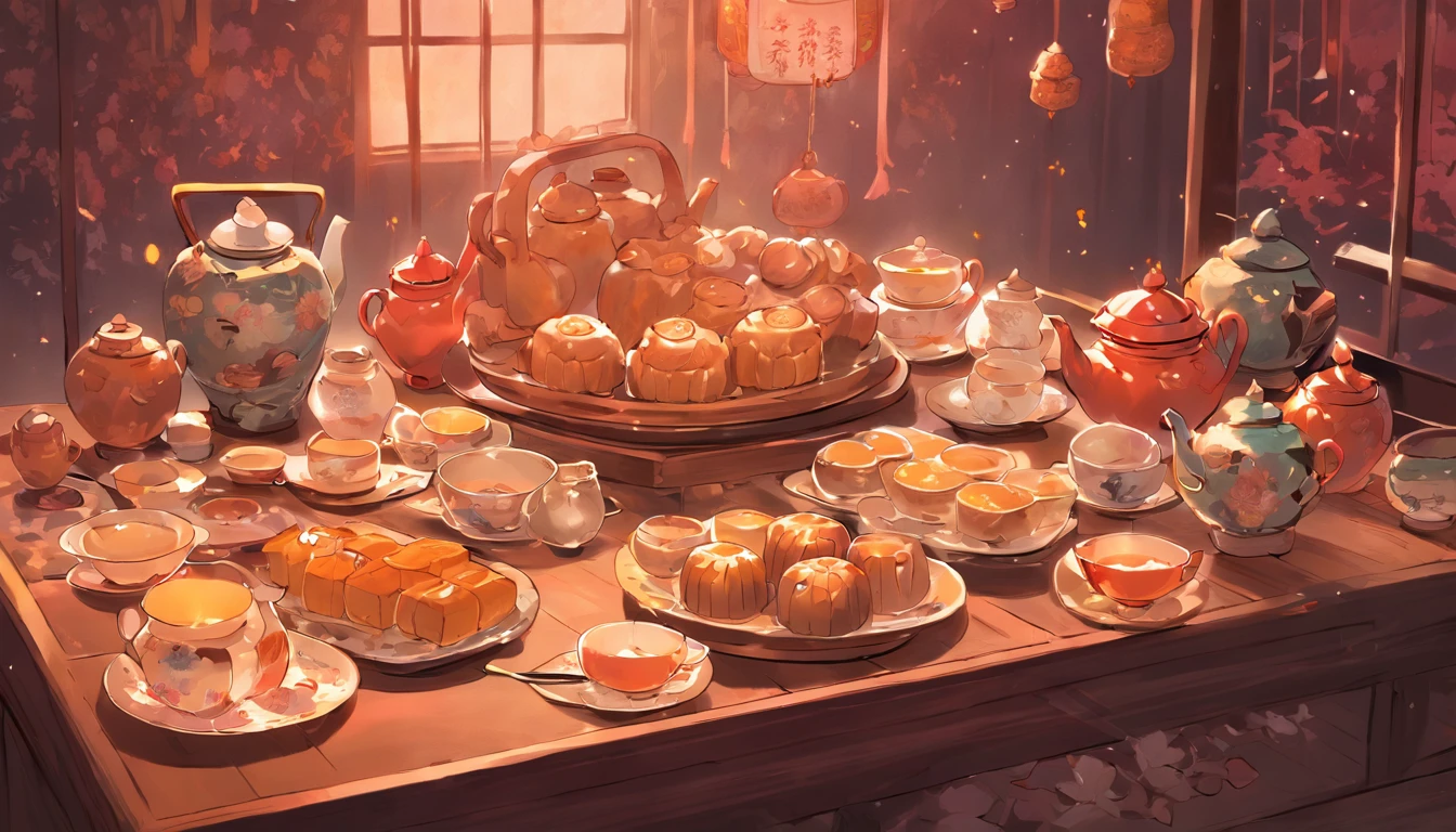 On a mahogany table are placed mooncakes and teapots, tea cups overflowing with the aroma of tea