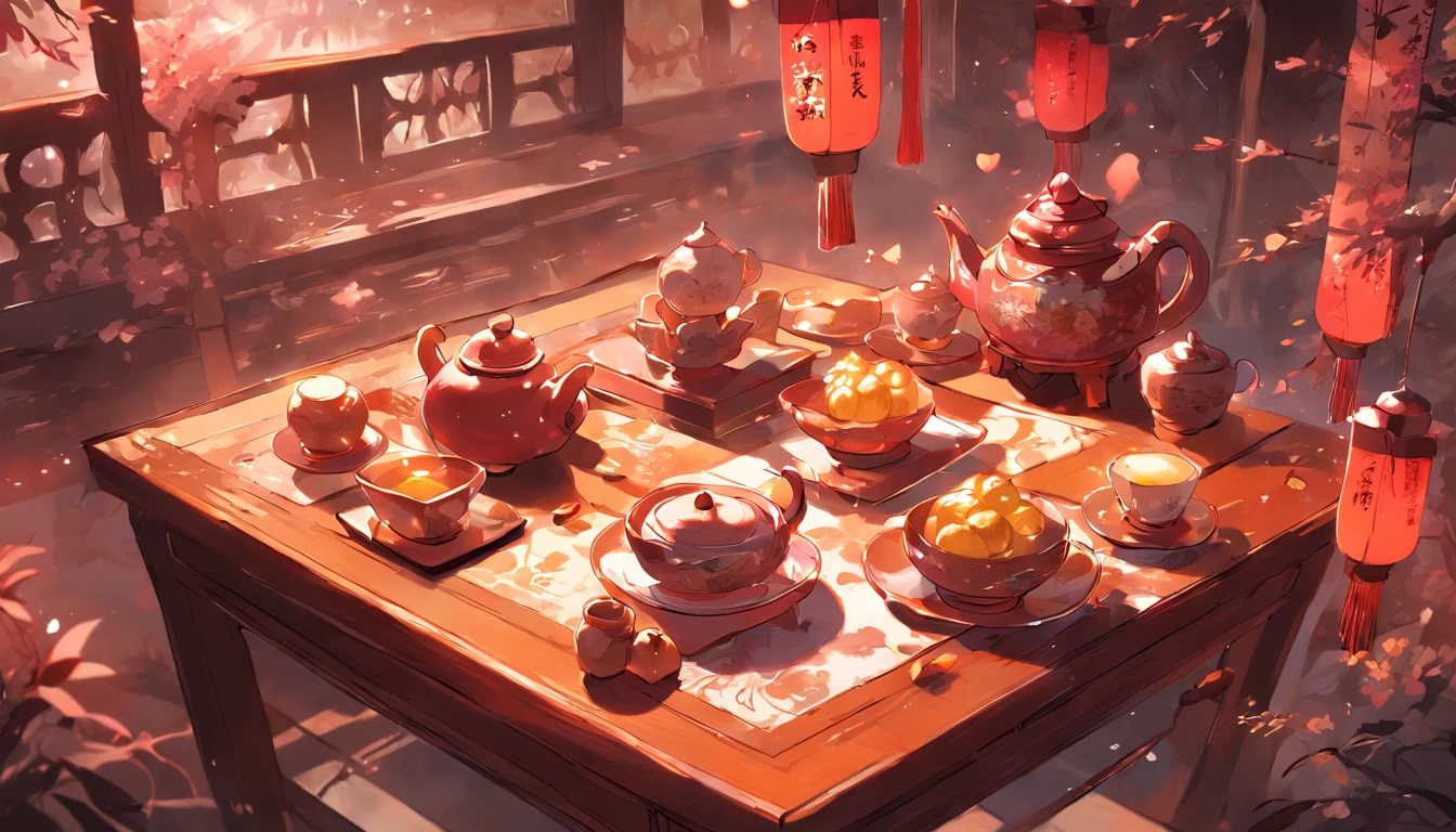 On a mahogany table are placed mooncakes and teapots, tea cups overflowing with the aroma of tea