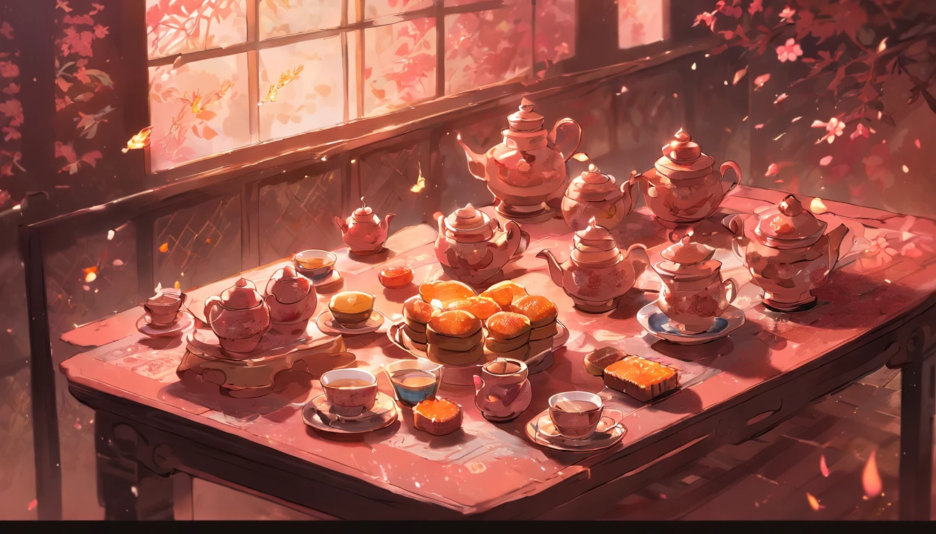 On a mahogany table are placed mooncakes and teapots, tea cups overflowing with the aroma of tea