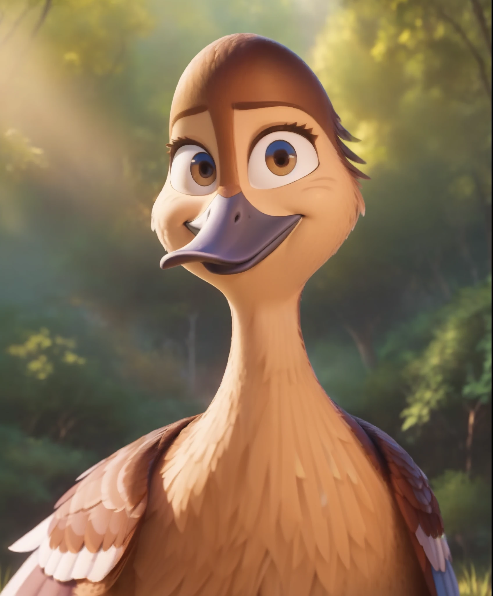 (by cutesexyrobutts), Pam, furry female anthro, duck girl, uploaded on e621,, ((sexy)), (blush), (smile), (small beak), (tailfeathers),  (8k), (3d), (full body shot), (detailed lighting), ((detailed feathers)), (perfect face), ((looking at viewer)), (forest), [sunrays], [hdr], [perfect 4k lighting], ((depth of field)), (suggestive content), ((masterpiece, best quality:1)), BREAK