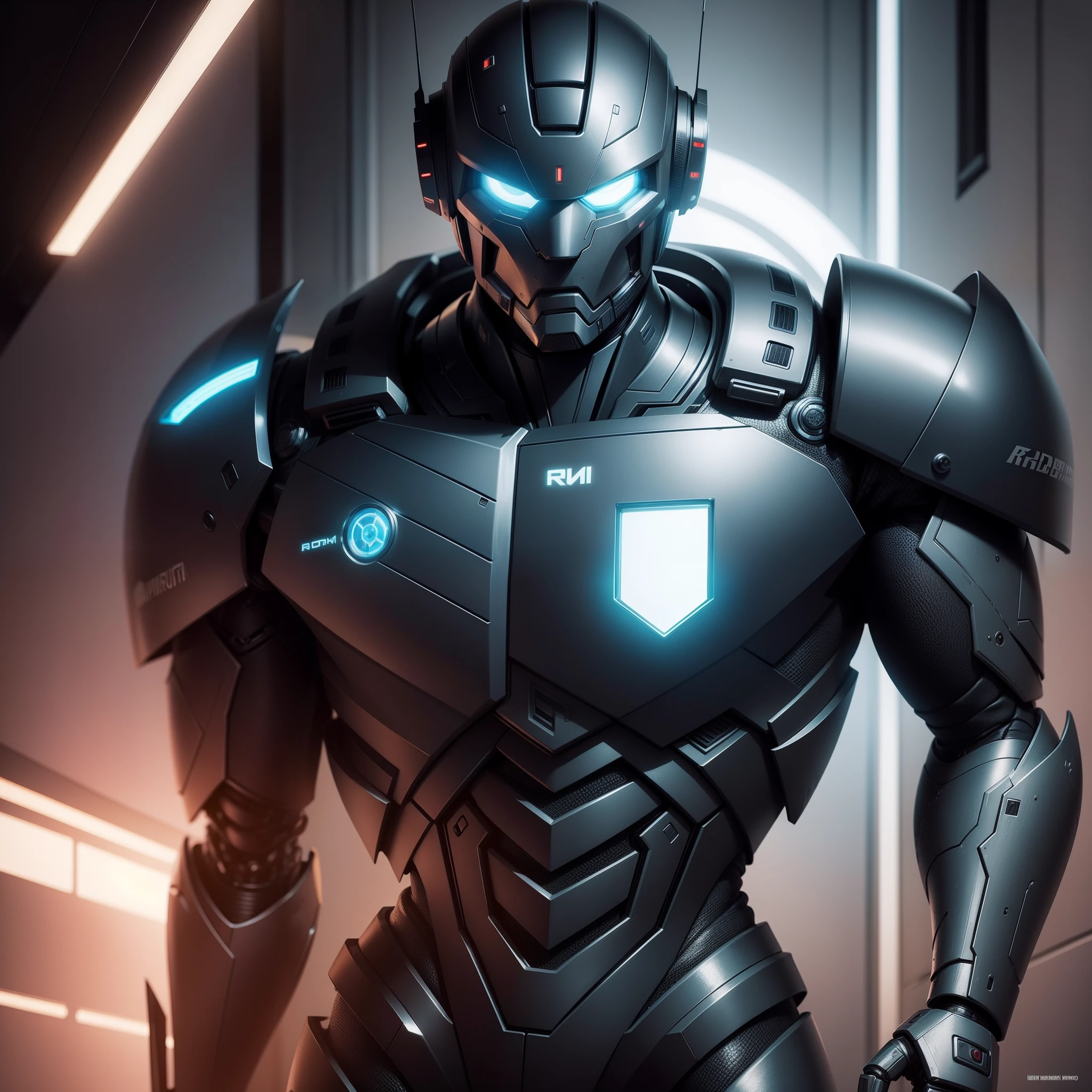 "Robot with the appearance of a man in realistic style with impressive details and rich textures, em uma cena futurista e iluminada com neon vibrante."