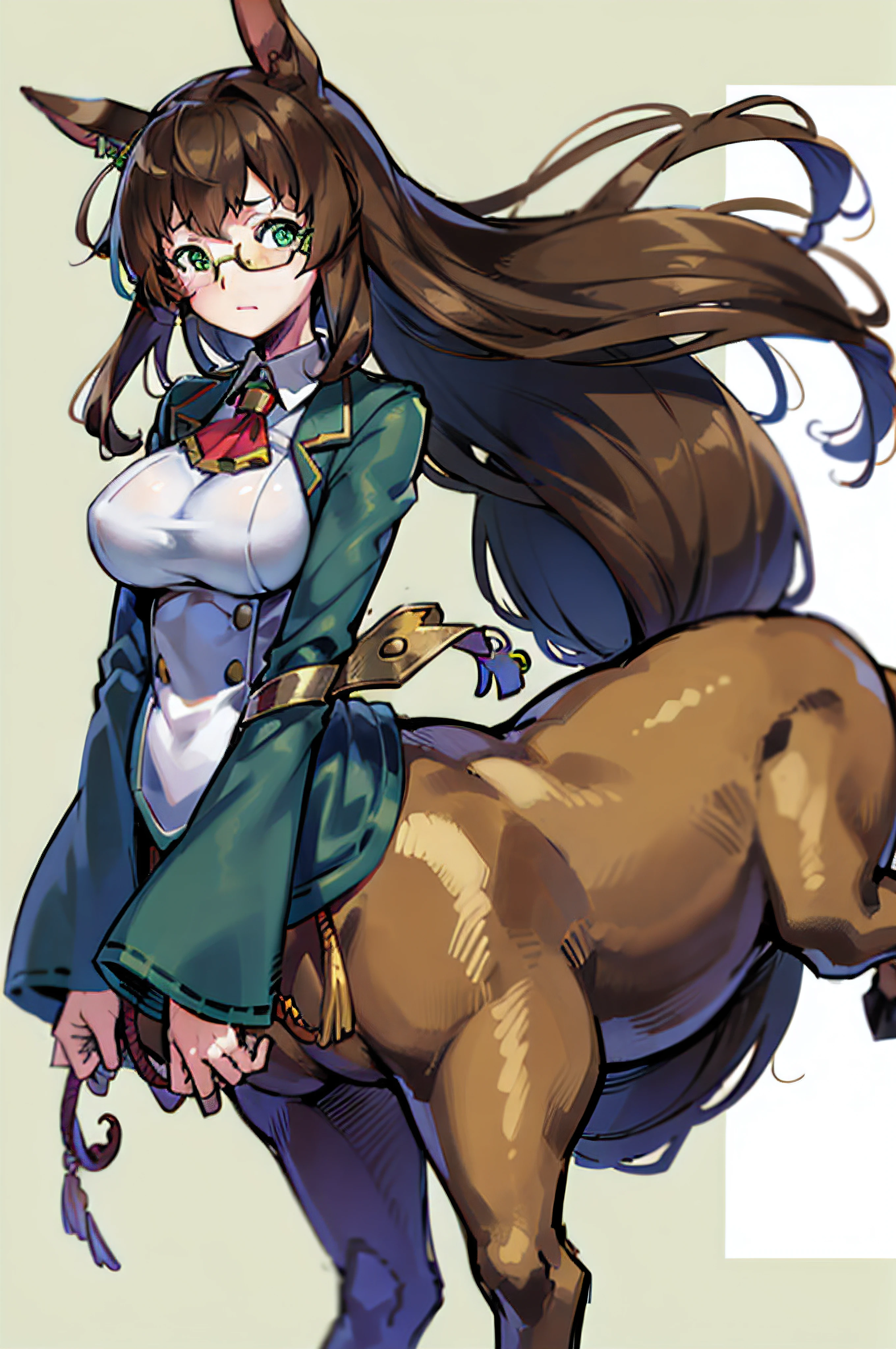 masterpiece, best quality, highrez, 1girl, anime, centaur, long hair, glasses, brown hair, green eyes, office, blue suit