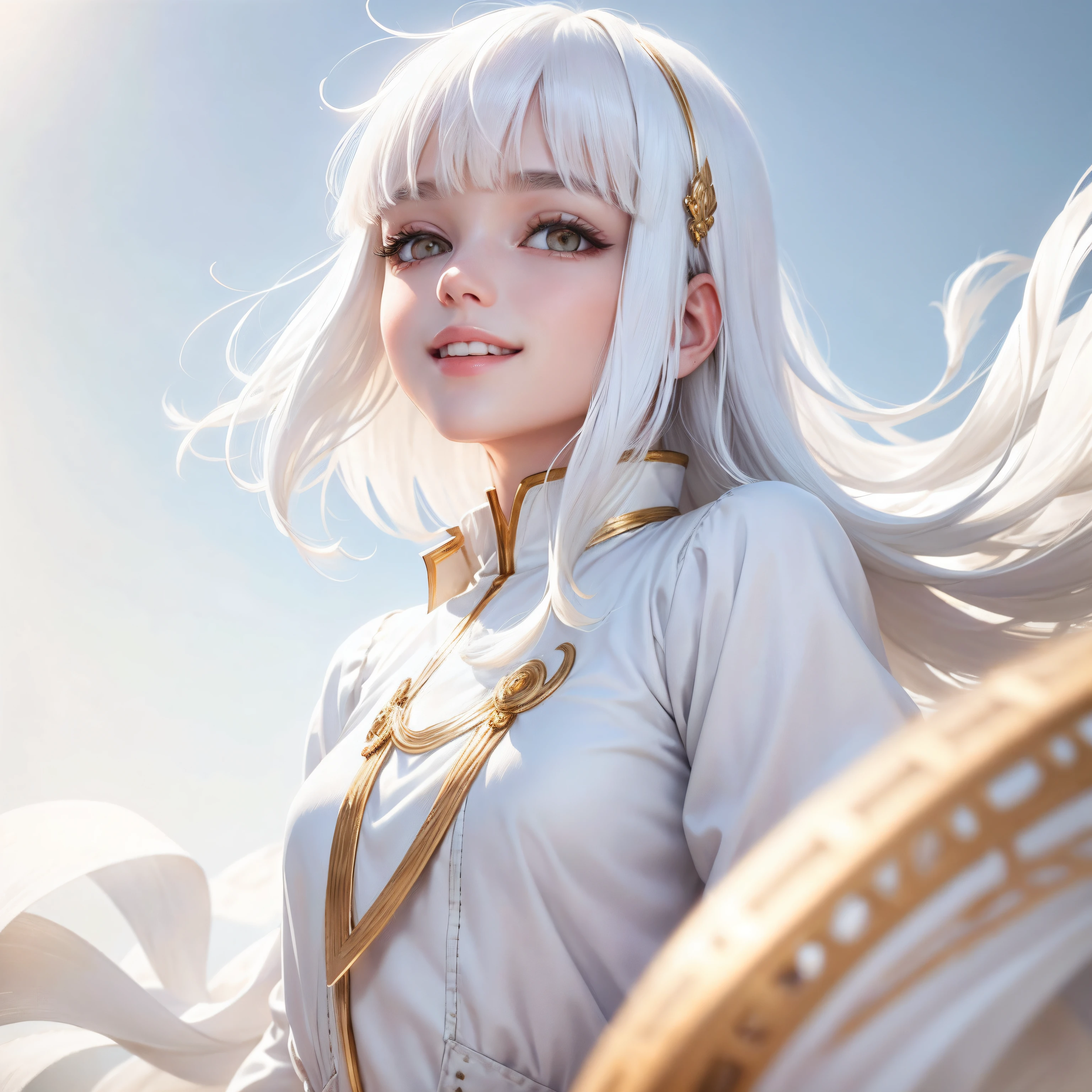 best quality, white hair, gold eyes, white clothes, looking up, upper body, hair strand, Fair skin, smiling, Bangs rise in the wind