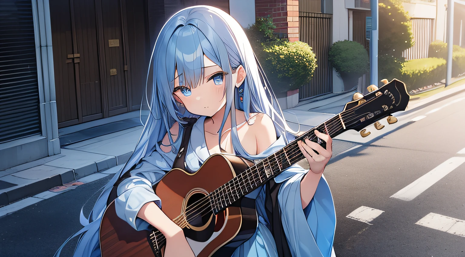 masutepiece, Best Quality,Illustration, Wallpaper, Ultra Detail, absurderes, 1girl in, Solo, (Long blue hair、Finely curled hair), Beautiful detailed eyes, stele、nighttime scene、Own room ,Turning around. , (Street:1.5), dressing gown、Playing guitar、acoustic guitar、Distant angle