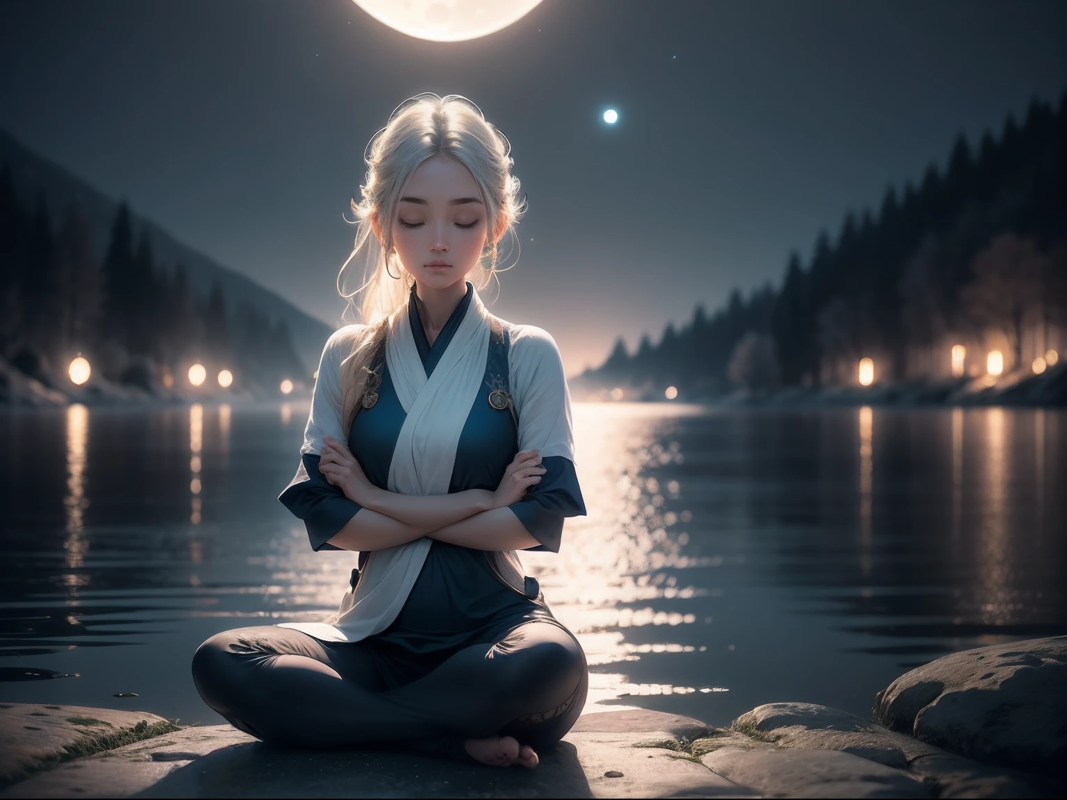 Retrato de pintura digital de uma pessoa com os olhos fechados, Head towards the bright full moon. The moonlight casts a tranquil blue color on the person's calm face, Highlight your inner stillness and Zen expression. The stars twinkle gently in the background night sky. The surrounding countryside is quiet, O lago reflete o luar，People nearby sit quietly in a lotus pose. Your hands are on your knees, The face depicts a deep sense of meditation and calm. The overall mood of the image is soothing, Brilho e centrado, Like the inner peace of the subject radiating outward in the light of meditation. atmospheric style, elegante e relaxante.
