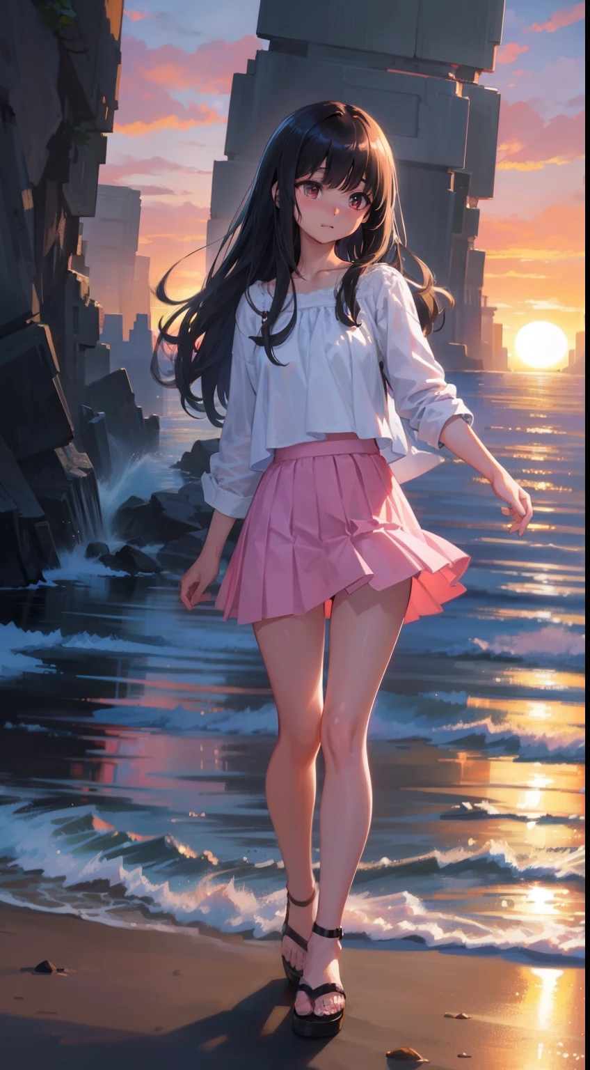 best qualtiy，tmasterpiece，超A high resolution，（真实感：1.4），RAW photogr，Warm lights，Sea and beaches，1girll，Walking on the beach，White collar blouse，short pink skirt，Sandals，the setting sun，cabelos preto e longos，（slim，Dignified，Shy Expressions），Beautiful teenage girl，beautiful goddess，Detailed scene, beautiful digital illustrations, detaileds，ultra-detailliert, cinematic quality，((frontage))