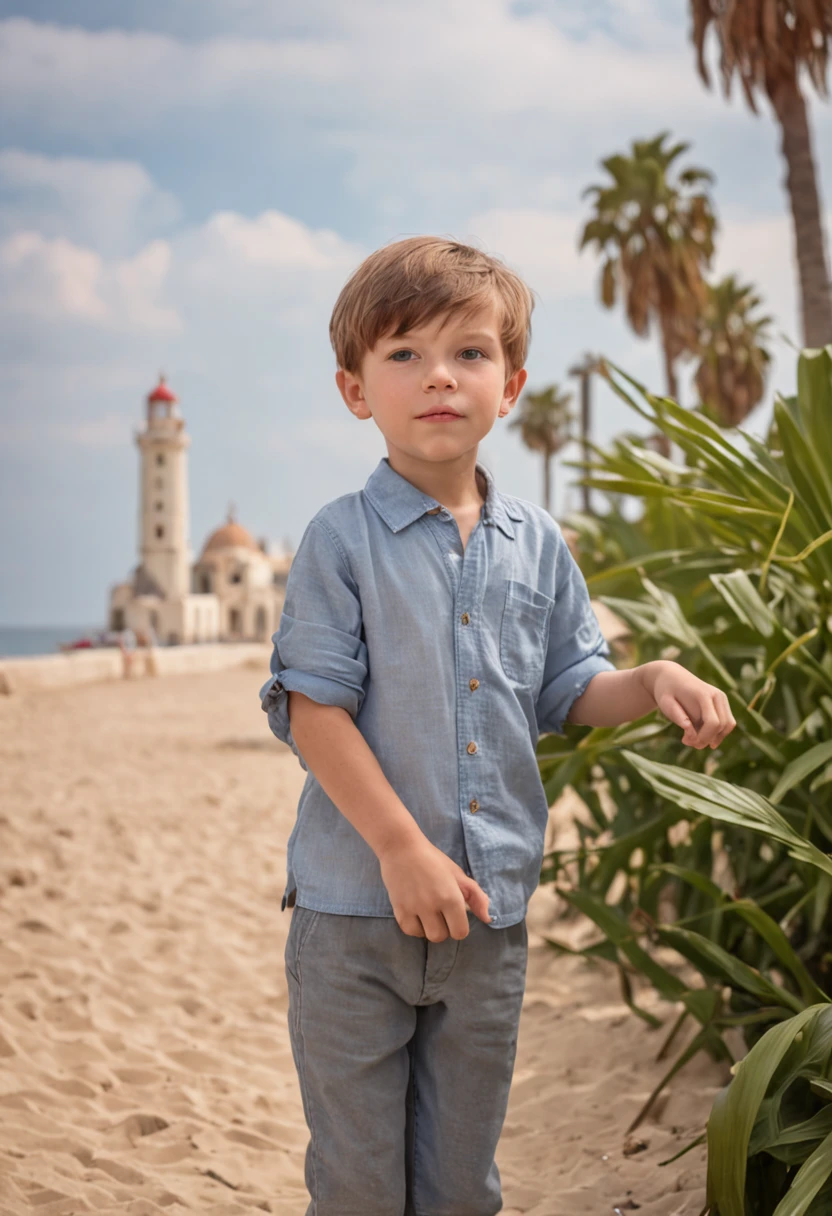 An 8-year-old European boy in a seaside town, early morning, sea, fishermen, boats, palm trees, lighthouse, seagulls, breeze, summer, morning, sunny, clouds, calm,