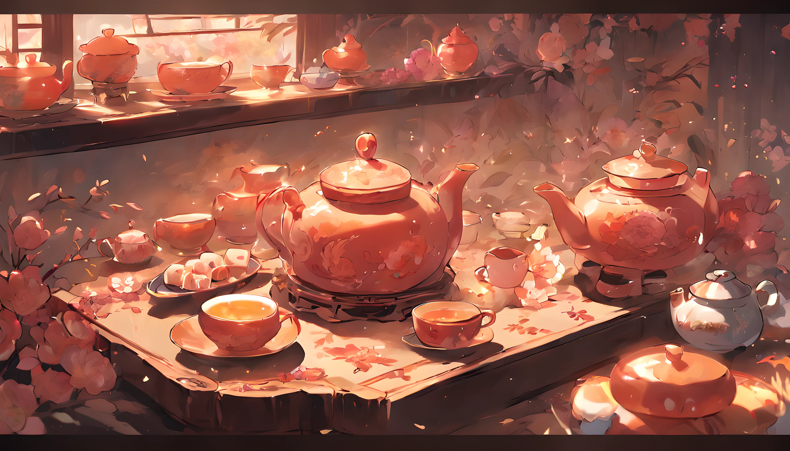 On a mahogany table are placed mooncakes and teapots, tea cups overflowing with the aroma of tea