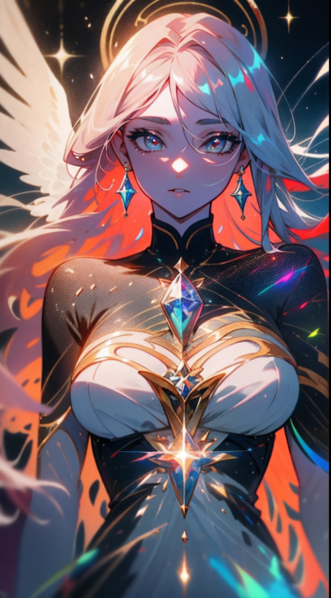 Envision an expansive astral plane, aglow with the soft luminescence of starry yellows and reds, endlessly soaring upward. Central to this celestial scape a woman of grandeur, with a luminous white body, exuding a sense of profound power and allure. Beautiful face, Beautiful eyes, features prominent glowing attributes, as if gently interfacing with the astral fabric. The lower half of its form transitions into a dark, vaporous essence that drifts behind like a comet's tail, fusing with the astral hues. The portrait designed to capture the magnificent presence of a being in complete harmony with the cosmos, an incarnation of the surreal and mystical.