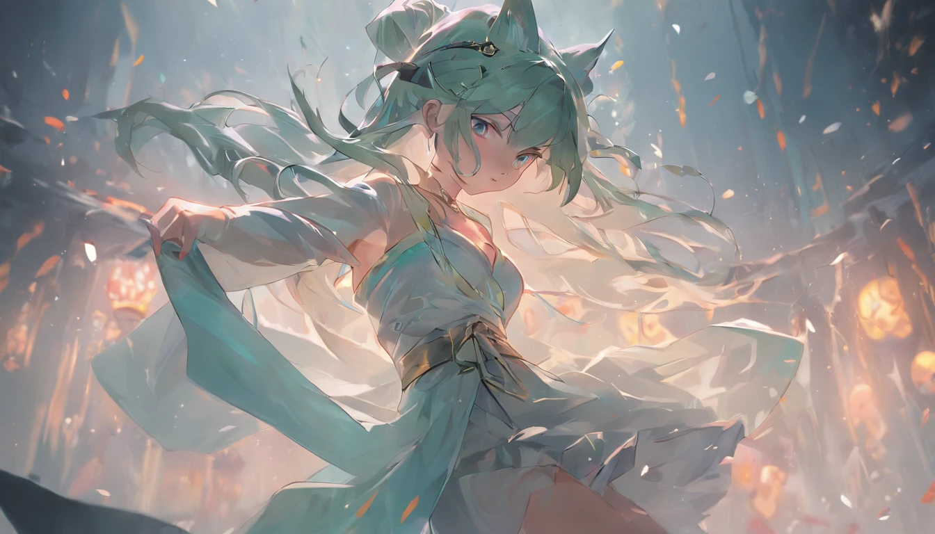 league of legends character art, League of Legends concept art,league of legends splashart, League of Legends character, league of legends art, from league of legends, Riot game concept art, league of legends style art, league of legends splashart, league of legends champion,komono, Hanfu,Taoist uniform,Off-the-shoulder attire,shift dresses,ta prostitute,Motion blur, Depth of field means reflection,extreme light,fog atmosphere,The moonlight shone on the side of the girl's face,realisticlying,no-bra,vacuum,Extra-long sleeves,Long off-the-shoulder dress,huge tit,cleavage,Full length of colorful hair(1.9),Color gradient for long hair,Messy hair,Barefoot,Full body like,realskin,realcumAI,Snow-white skin,Snow-white thighs,Top image quality,Extreme light and shadow,White panty hose,High details,Standing painting,lines of movement,dynamicposes,komono,PC Wallpapers,Two-thirds of the canvas generates the body,Move the chart Green Forest, It is surrounded by tall trees and a gentle mist.