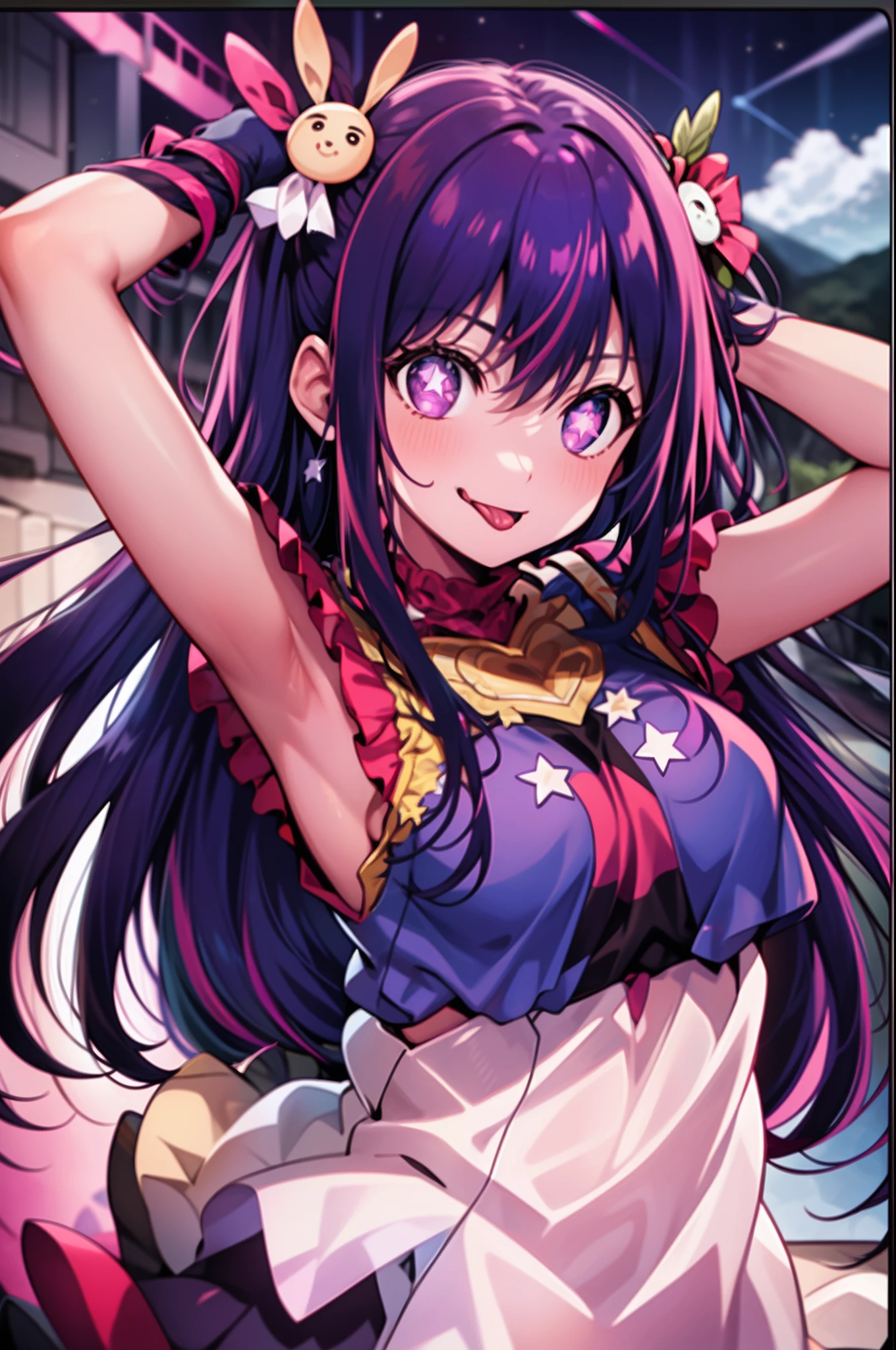 (best quality), (ultra_detailed), finely detail, (Depth of field), HshinoAi,gloves, tongue out, tongue, long hair, star \(symbol\), looking at viewer, (purple hair:1.2), purple eyes, upper body, hair ornament, :p, frills, pink shirt, smile, sleeveless, shirt, idol, symbol-shaped pupils, hands up, bangs, one side up, star-shaped pupils, arms up, dress pull, sky, flower, cliff,