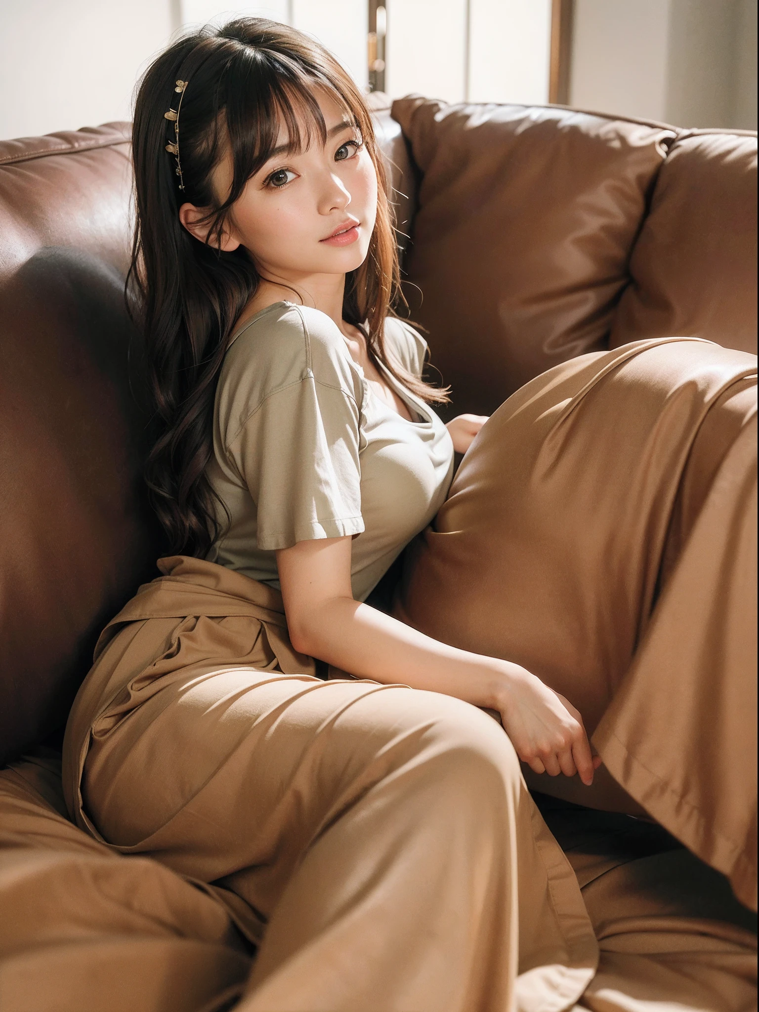 best quality, face focus, soft light, (depth of field) ,ultra high res, (photorealistic:1.4), RAW photo, (moody lighting, night:1.2), bedroom,
(bust-up shot:1.4)
1japanese girl, solo, cute, (shy, smile:1.1), (brown eyes),  detailed beautiful face, (midi_hair),
(reclining couch:1.4)
(shirt:1.4,long skirt:1.4)