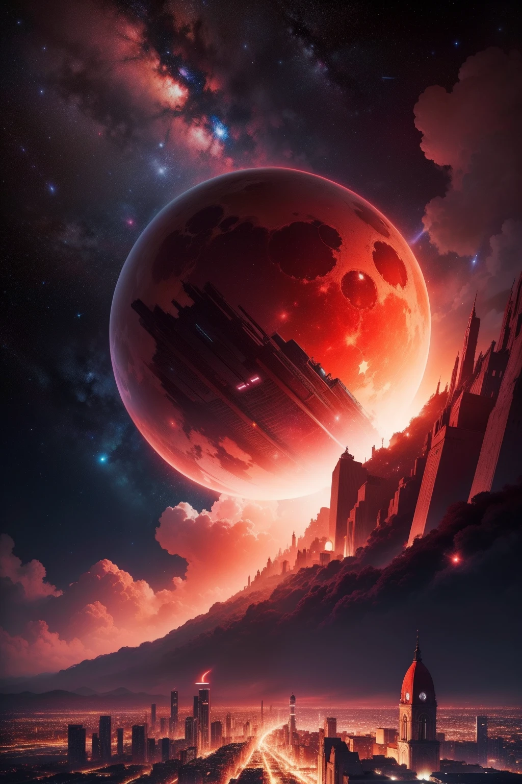planeta vermelho ,with buildings, a civilization, (((pessoas interagindo))), red starry sky, (((pequena aldeia)))