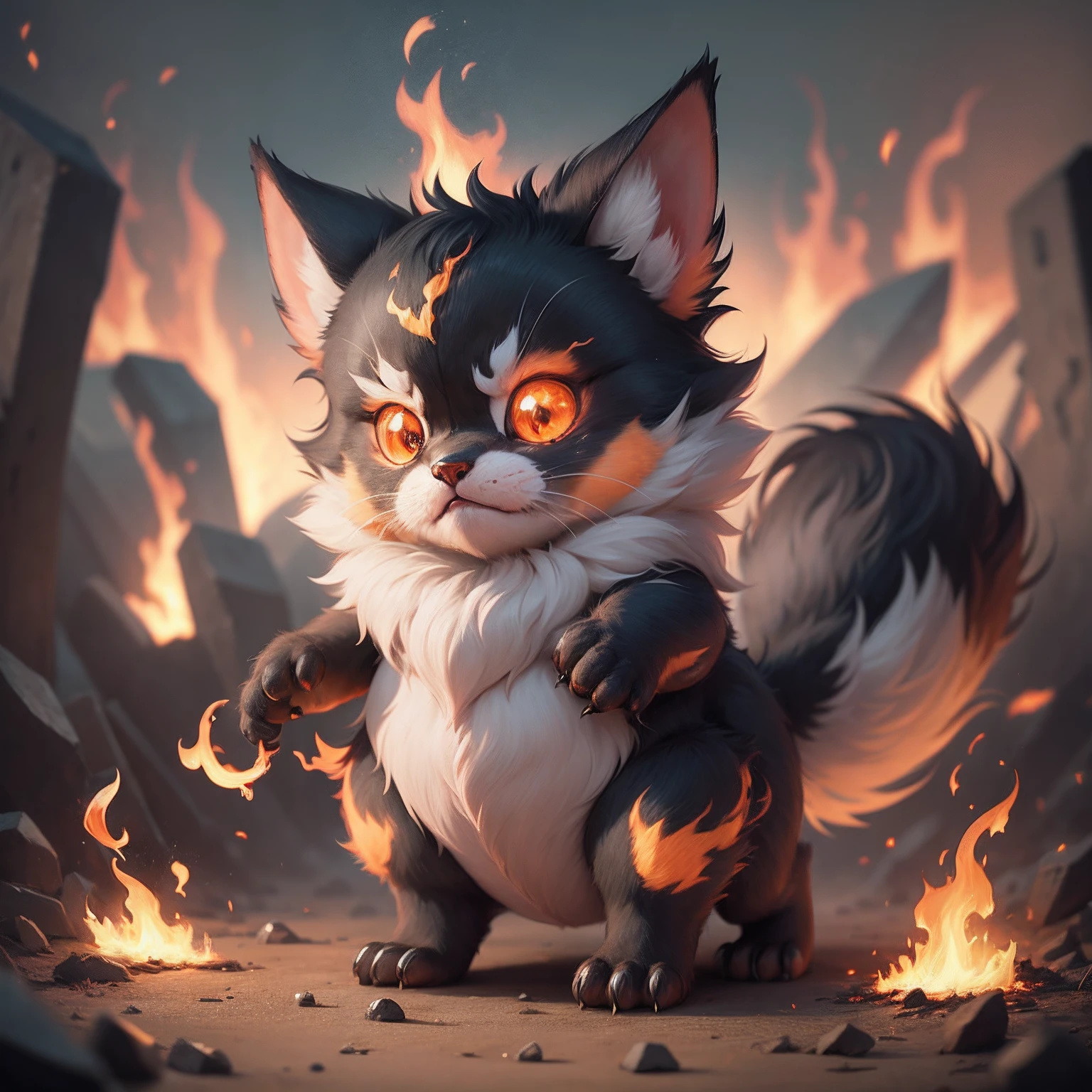 Cute little monster, Cute, Furry, Small size, 8K animation Engulfed in flames Deities々 9tails Facing the front