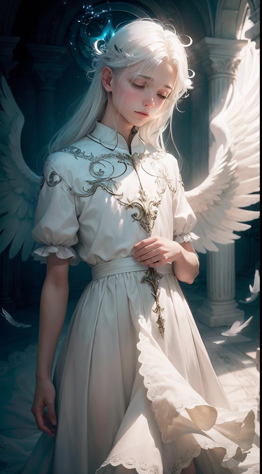 (divino, angelicales, The halo, wings, Light sense, Compassion, white hair boy), high light, Soft lighting, Ethereal and mysterious, Mysterious mood, Coordinates float, A gentle breeze ruffles the dress, The flow of feathers.