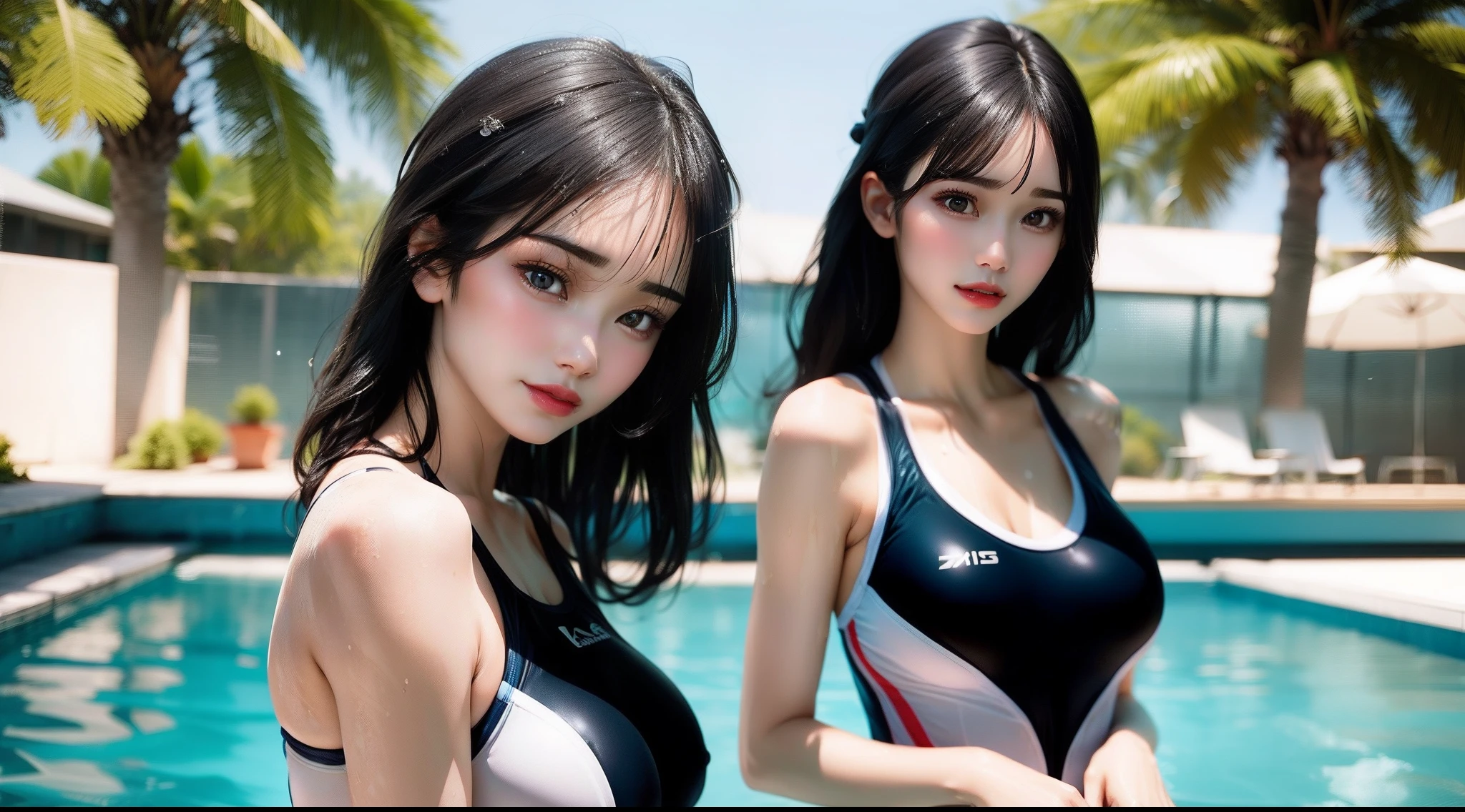 Competitive swimsuit nipple sheer　A dark-haired　wet​　Beautuful Women