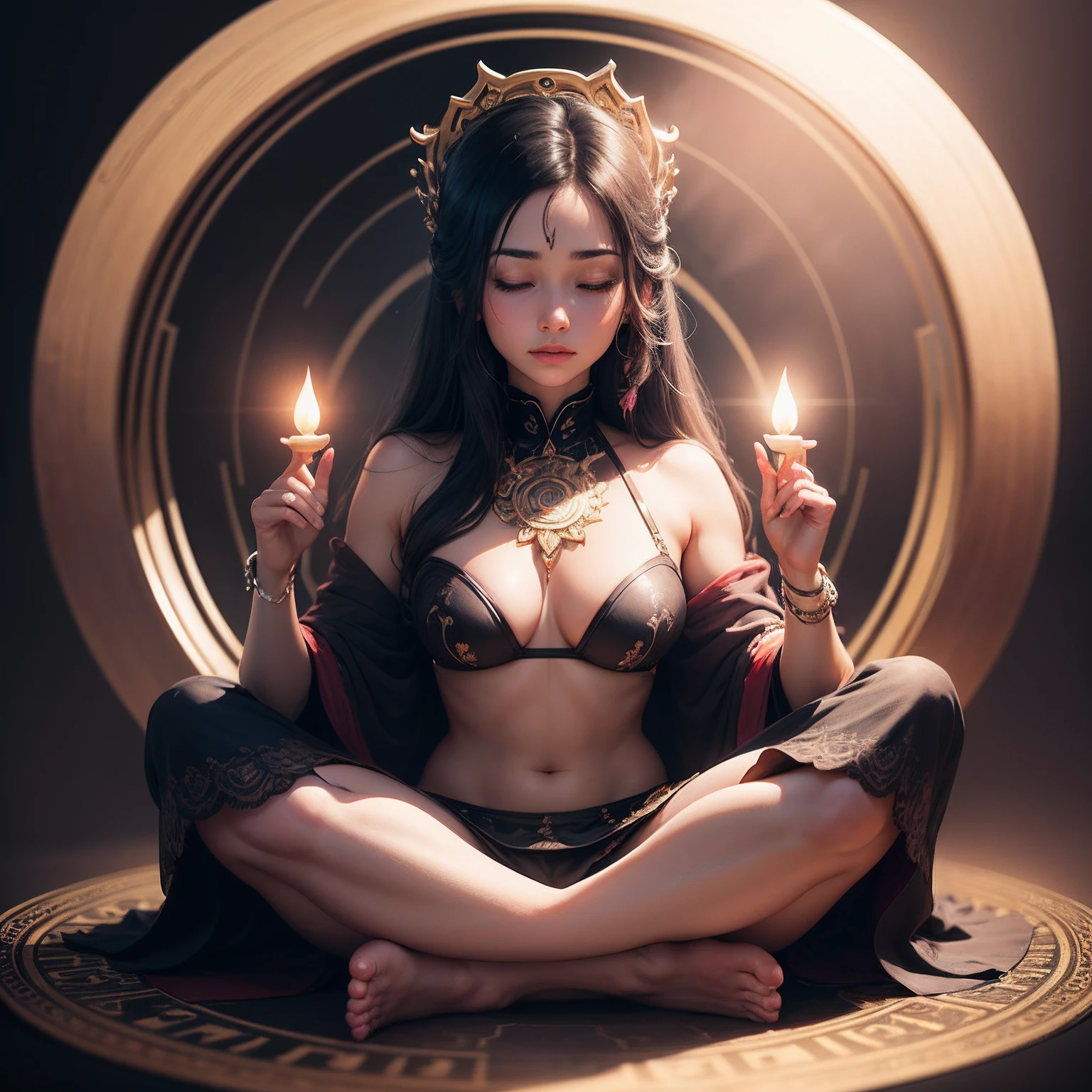 (extremely detailed CG unity 8k wallpaper, floating, high saturation), a masterpiece of uma imagem, best quality, ultra-detailed, an extremely delicate and beautiful, a silhouette of uma pessoa sitting in a lotus position, meditating, with a visual emphasis on the main chakras and their vibrant colors.