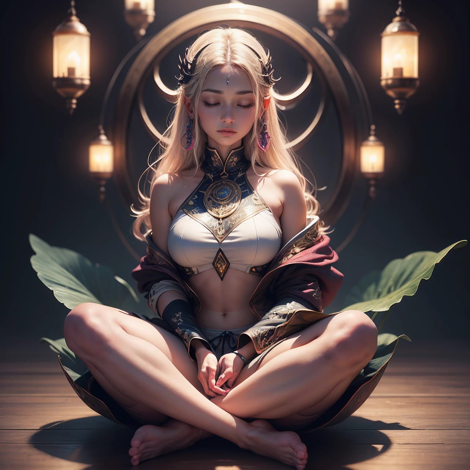 A captivating illustration from Kundalini Tantra, the model is in a meditative pose, her eyes are blue and exudes a sense of calm serenity. is illustrated with intricate detail, glowing with vibrant energy. The background is a mix of soothing tones and mystical symbols, creating an atmosphere of spiritual awakening and enlightenment. photo, illustration, kundalini tantra and serpent, photo, in the background a large mandala
