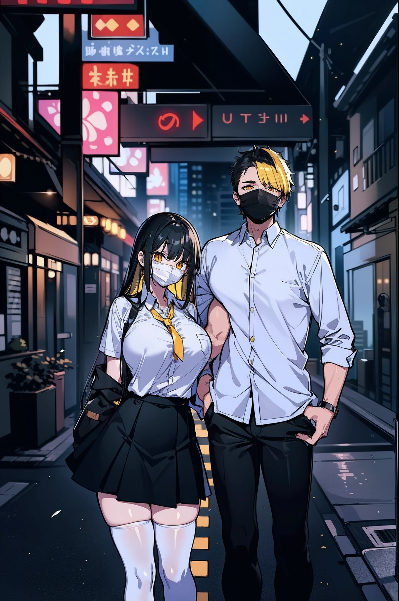 (masterpiece:1.5), (bestquality), highlydetailed, ultra-detailed, 1boy, 1girl, (black hair:black hair:lateral hair), (long straight hair:blonde hair:0.8), (yellow eyes), (fleshy feeling), (plump:0.7), (fleshy legs), (black pants:pants), (black skirt:skirt), (breasts), (building:skyscraper), (city), (outdoors), (mask:mouth mask:surgical mask), (long hair), (white legwear:thighhighs), (white shirt)
