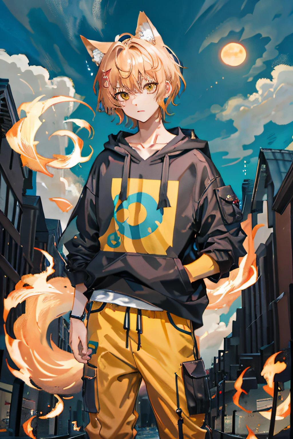 (younge boy),(Red Moon),(short detailed hair),(Reddish-brown eyes),(blond hairbl),(Yellow hooded sweatshirt),(Cropped pants),(Barefoot),(Tsundere),(Fox ear tail),(Handsome),(Hold a dagger),(disaster),(city ruins background),(dark cloude)