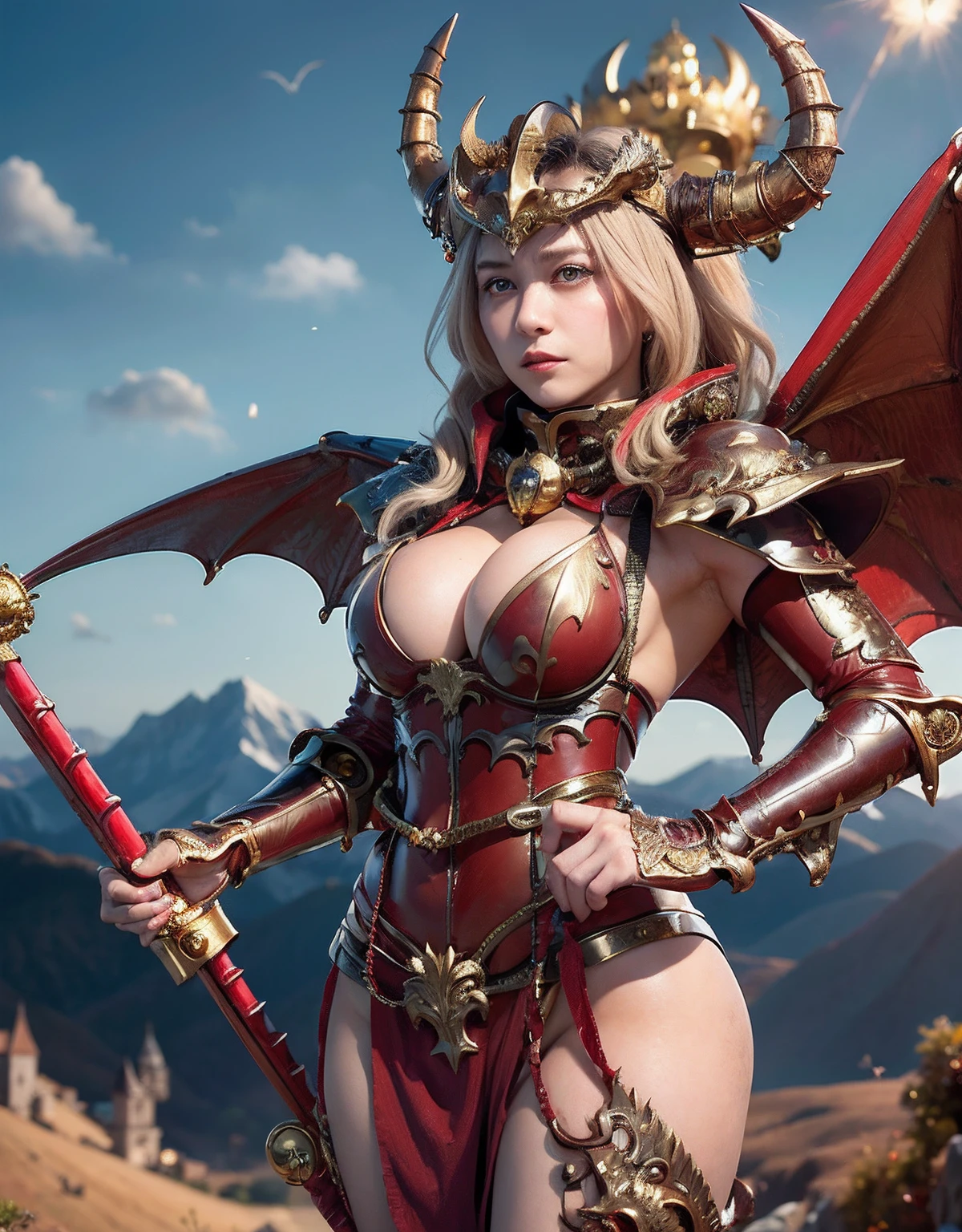 Professional , masterpiece、top-quality、photos realistic , depth of fields 、(Dragon Red Metal Body:1.9),(Enamel Red、(cleavage of the breast)、Dragon Gold Weapon、(Red Micro Bikini Armor:1.4),Gorgeous gold weapons ,(( Dragon's dense and gorgeous sword)) , (demonic wings)、((a blond))、(Castle background)、((Gangle's forest background))、((Fight dragons))、Beautiful Caucasian beauty、1a person、dynamic ungle,(((Detailed and ornate dragon helmet)))、Smaller head、A smile、Castle background、Thin and beautiful female hands、cleavage of the breast、Soldier in iron armor on background、Mystical expression、Light Effects、intense fighting、Wind-effect、magic circles、With the legendary magic wand、Dragon's tail、explosions、Anatomically correct body、
