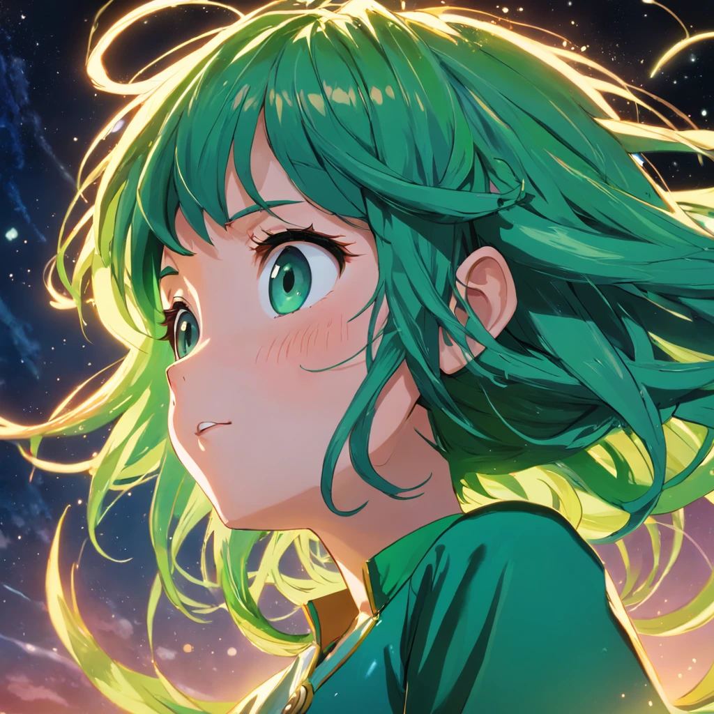 obra-prima, melhor qualidade, filme ainda,um close up de um personagem de desenho animado com um cabelo verde, with broccoli hair, , floating into the sky, close-up, brilhante, feliz, Soft lighting and Warm, sun sunset, (Sparks: 0,7)