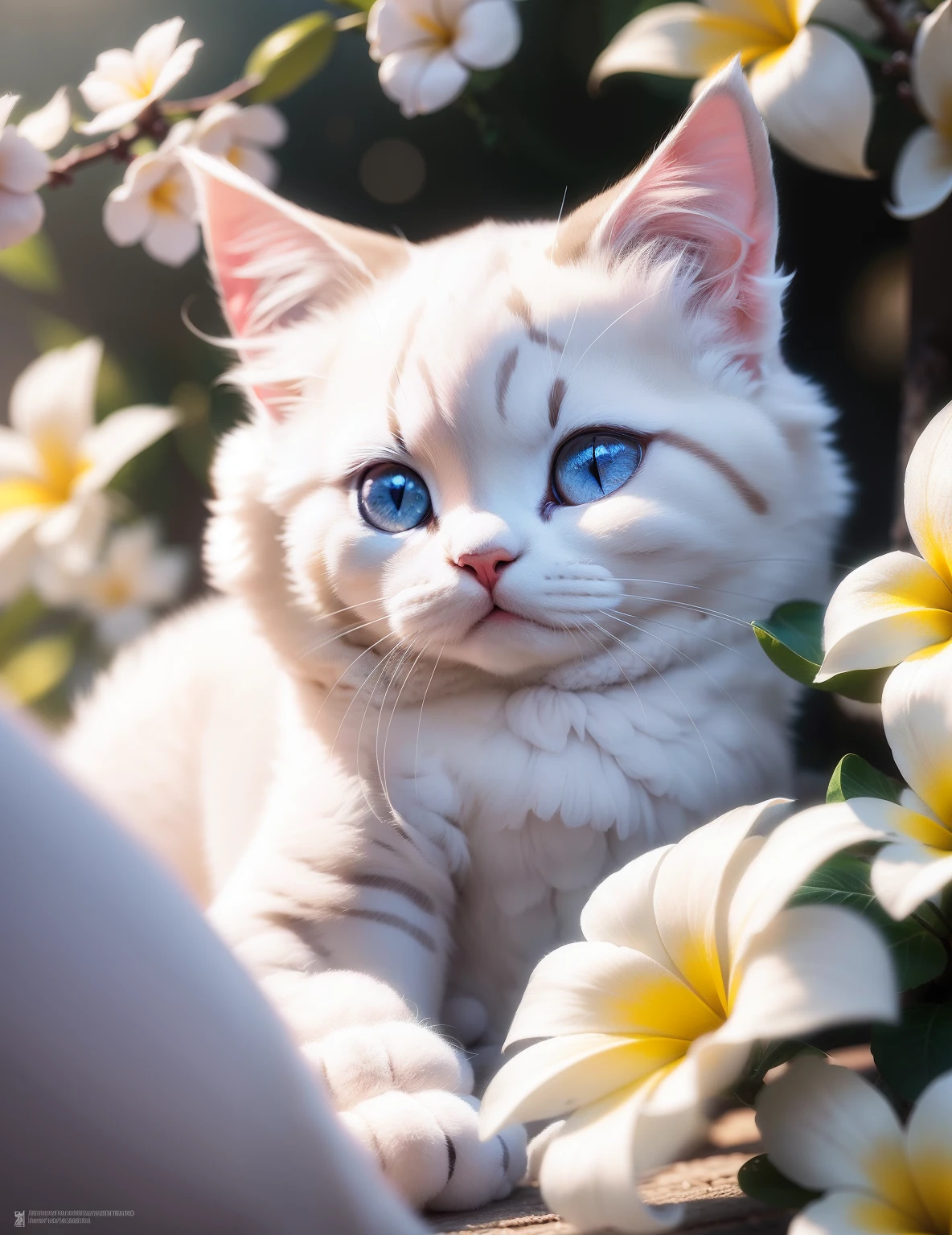 masutepiece, Fluffy white ragdoll kitten surrounded by plumeria flowers, Gray coat color around the face,catss,Hyper Detailed, highres photograph, opulent, Bokeh, light bloom,Southland